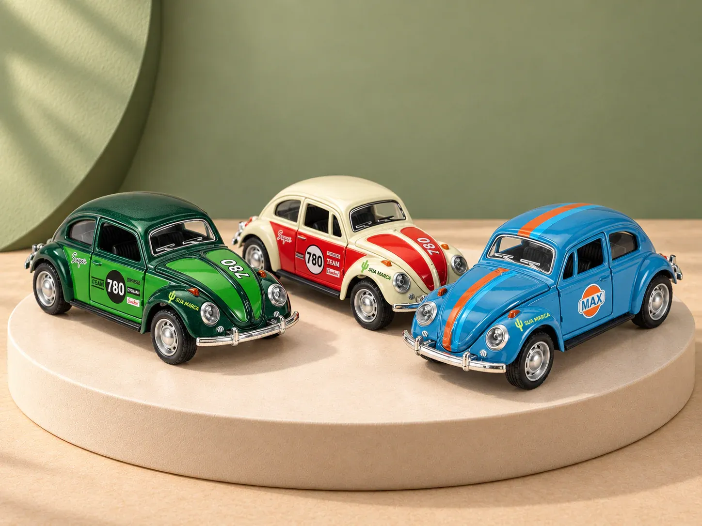 Carrinho de brinquedo em miniatura estilo corrida, com exemplo de personalização colorida: um cacto e o texto “SUA MARCA” impressos em cor