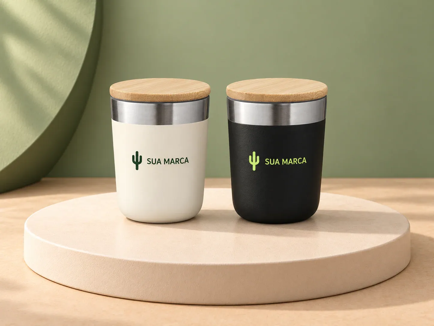 Copo térmico 300 ml, com exemplo de personalização colorida: um cacto e o texto “SUA MARCA” impressos em cor
