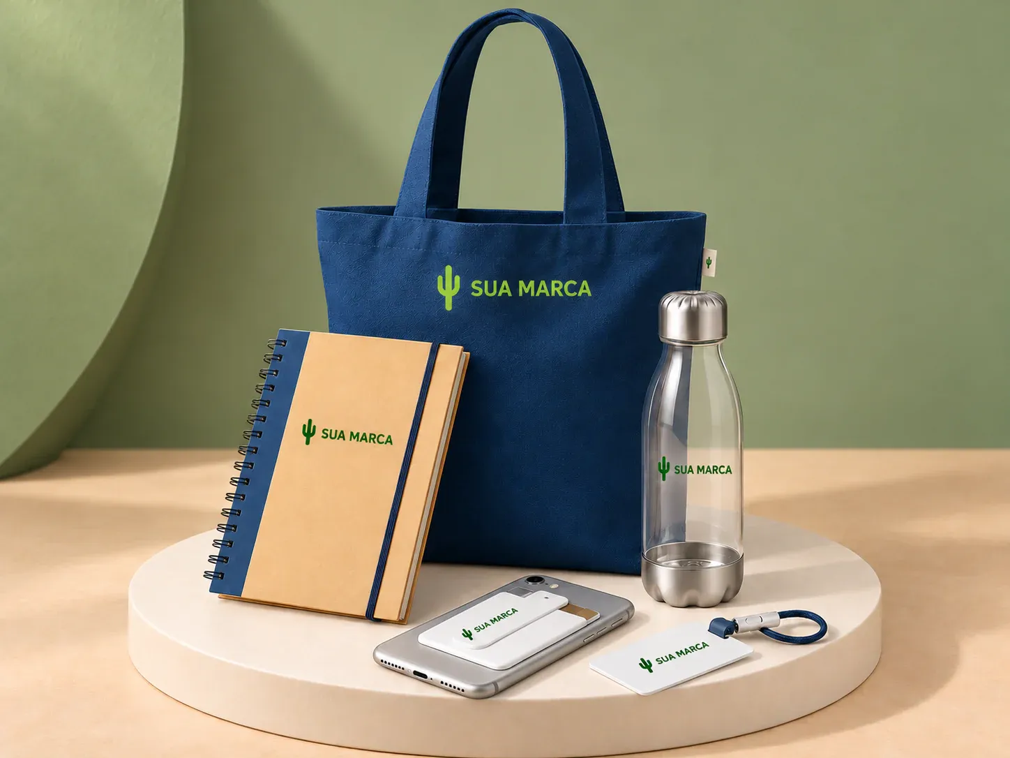 Kit onboarding 01, com exemplo de personalização colorida: um cacto e o texto “SUA MARCA” impressos em cor