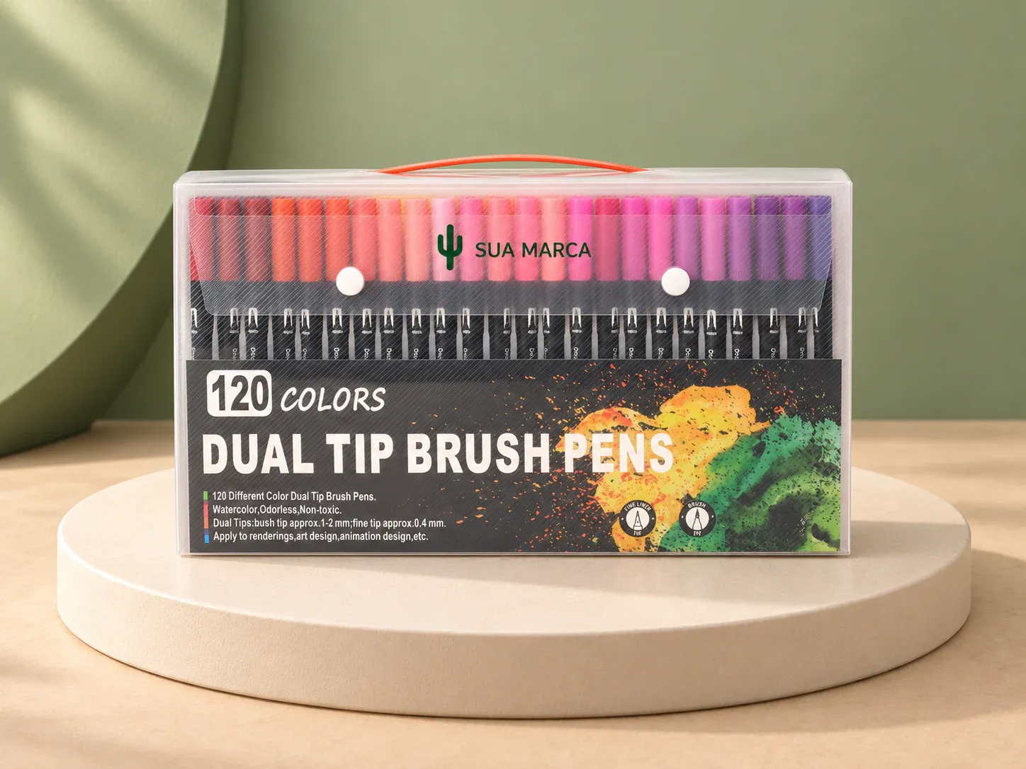 Kit canetinhas ponta dupla 100 cores, com exemplo de personalização colorida: um cacto e o texto “SUA MARCA” impressos em cor