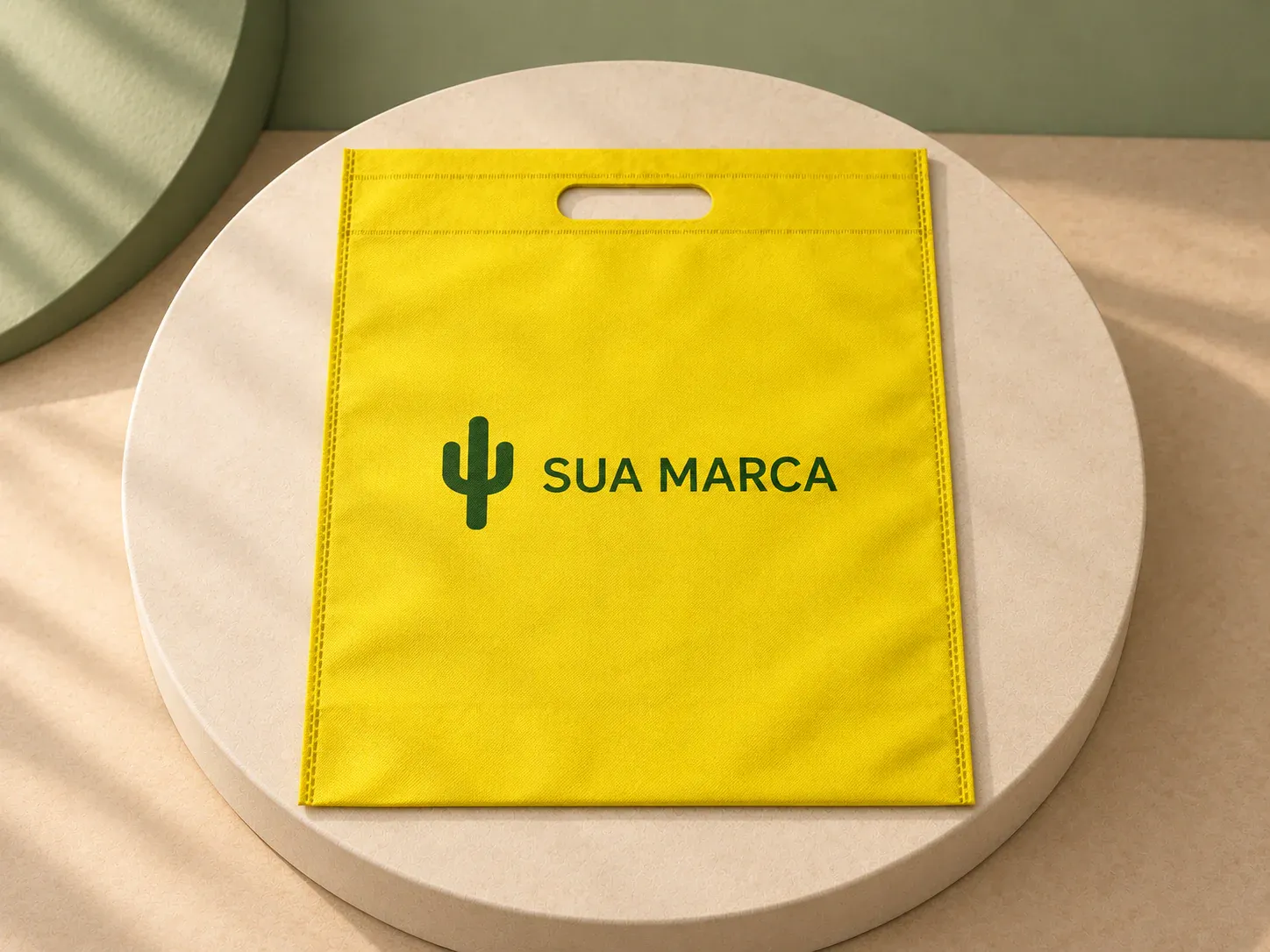 Sacola amarela em non-woven 80 g/m², com exemplo de personalização colorida: um cacto e o texto “SUA MARCA” impressos em cor