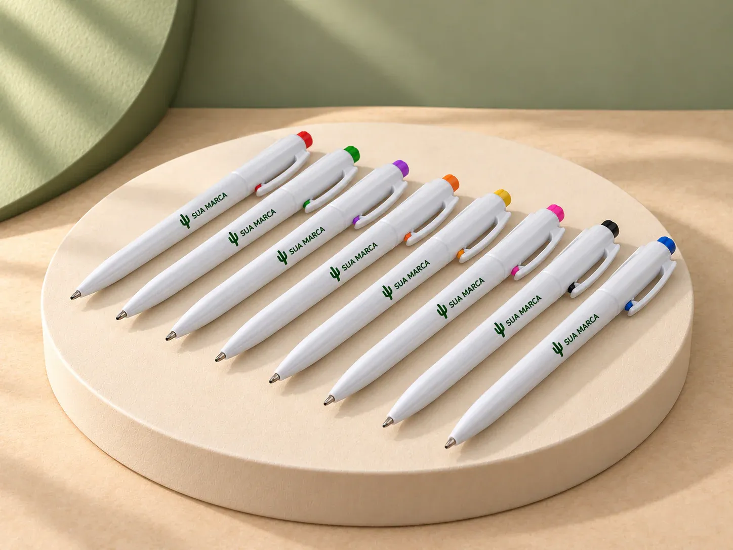 Caneta plástica, com exemplo de personalização colorida: um cacto e o texto “SUA MARCA” impressos em cor