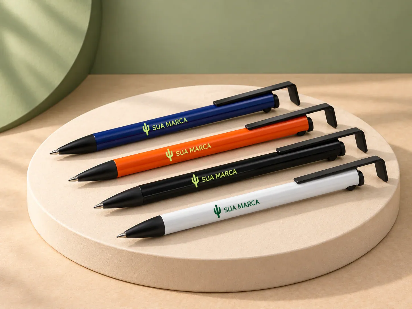Caneta semimetal com suporte, com exemplo de personalização colorida: um cacto e o texto “SUA MARCA” impressos em cor