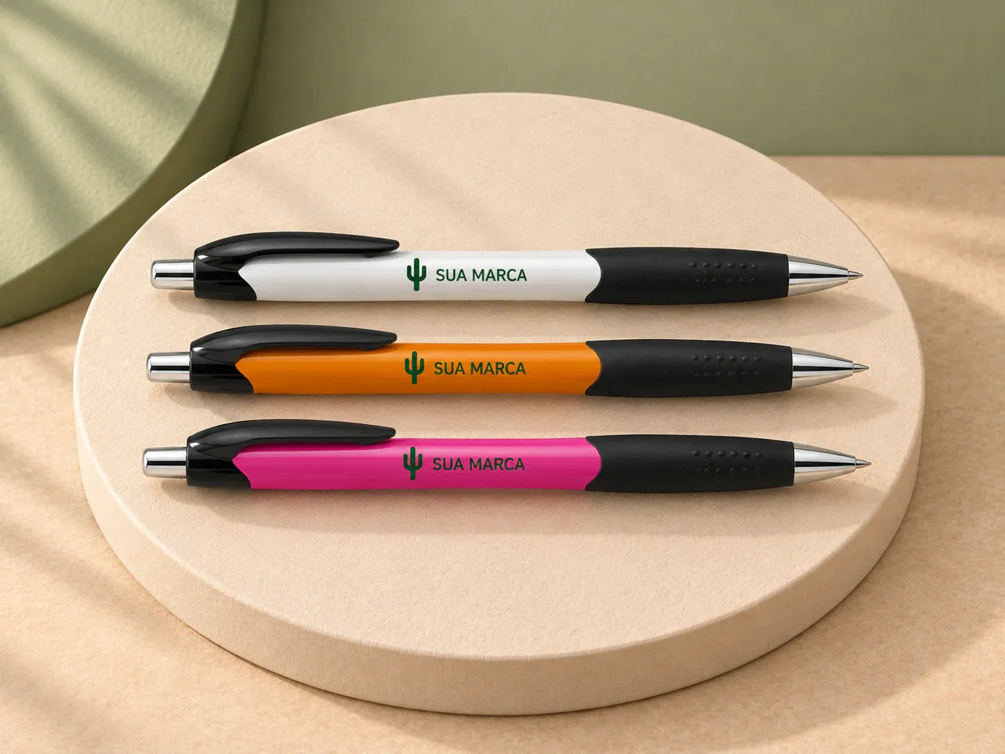 Caneta esferográfica em ABS com acabamento brilhante, com exemplo de personalização colorida: um cacto e o texto “SUA MARCA” impressos em cor