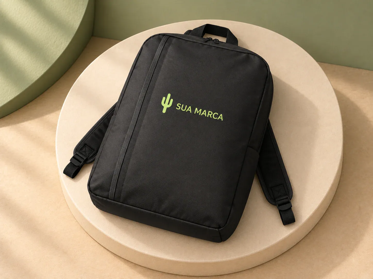 Mochila em poliéster 600D 19 L para notebook 15,6", com exemplo de personalização colorida: um cacto e o texto “SUA MARCA” impressos em cor