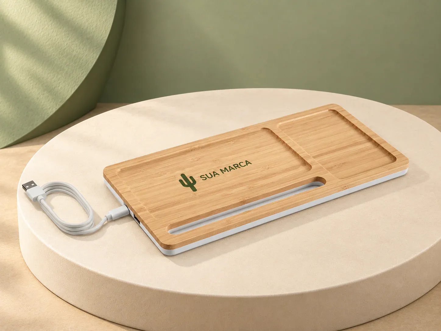 Organizador de mesa em bambu com carregador por indução, com exemplo de personalização colorida: um cacto e o texto “SUA MARCA” impressos em cor