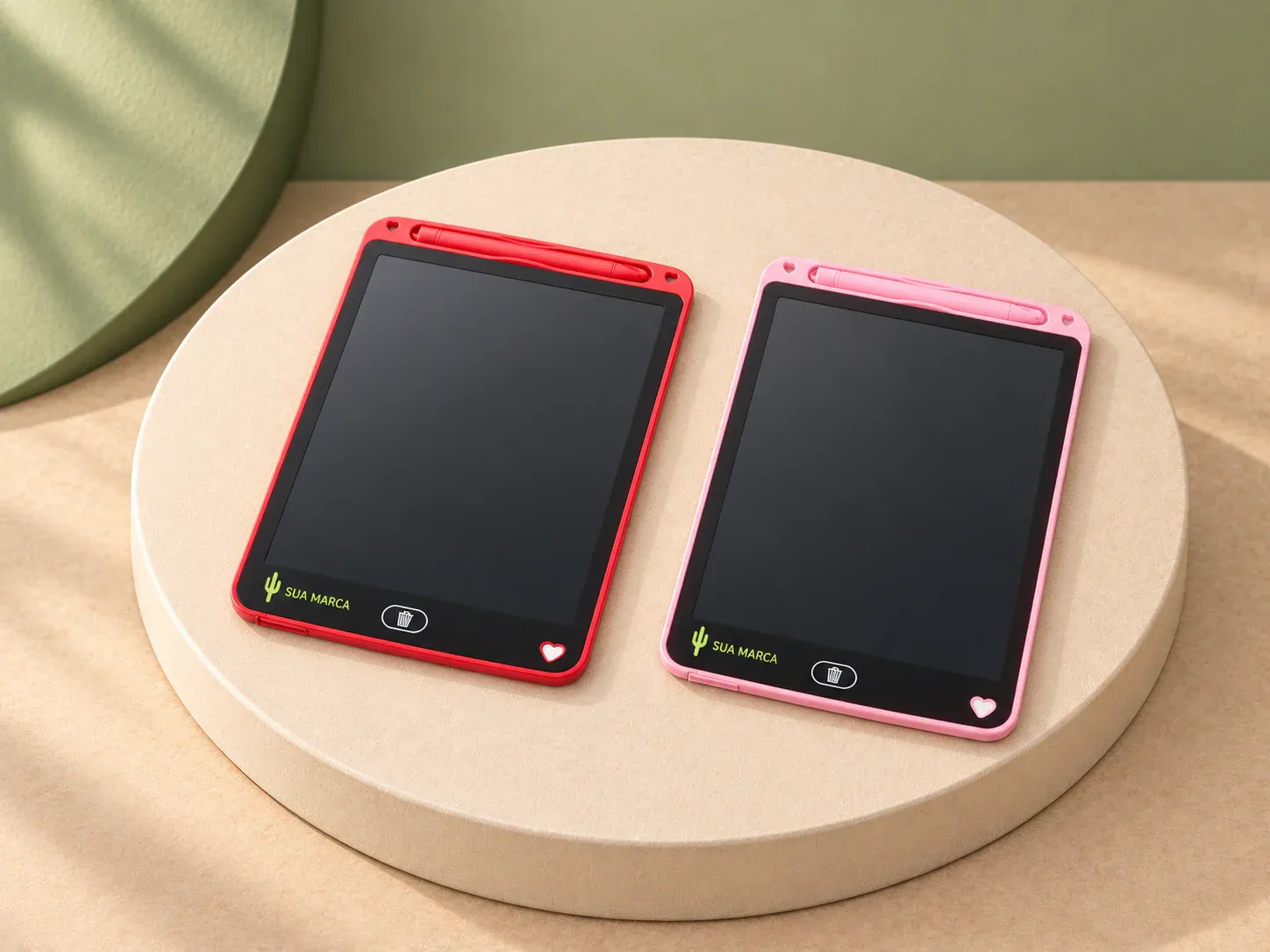 Lousa mágica tablet, com exemplo de personalização colorida: um cacto e o texto “SUA MARCA” impressos em cor