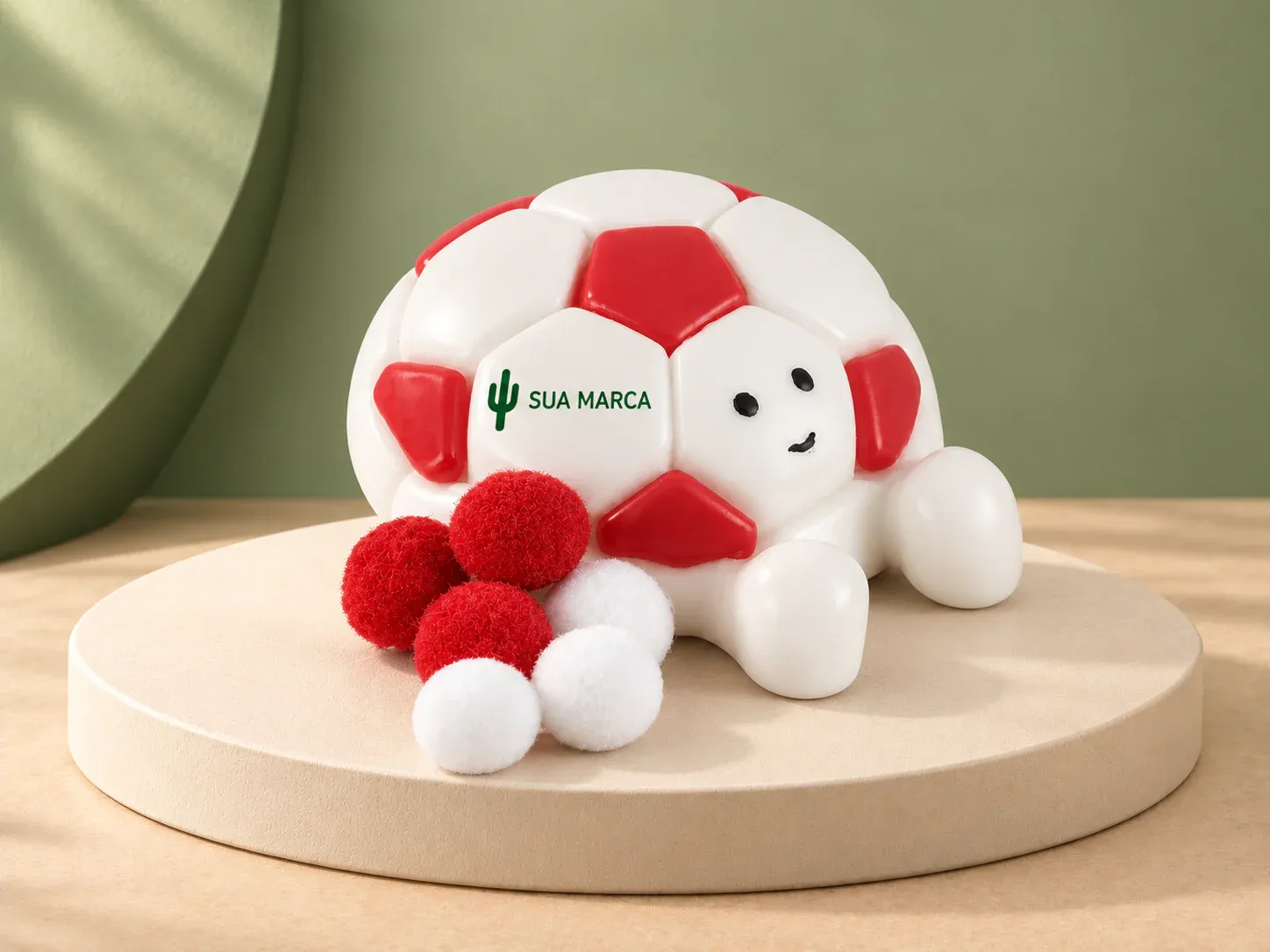 Squishy bola antiestresse, com exemplo de personalização colorida: um cacto e o texto “SUA MARCA” impressos em cor