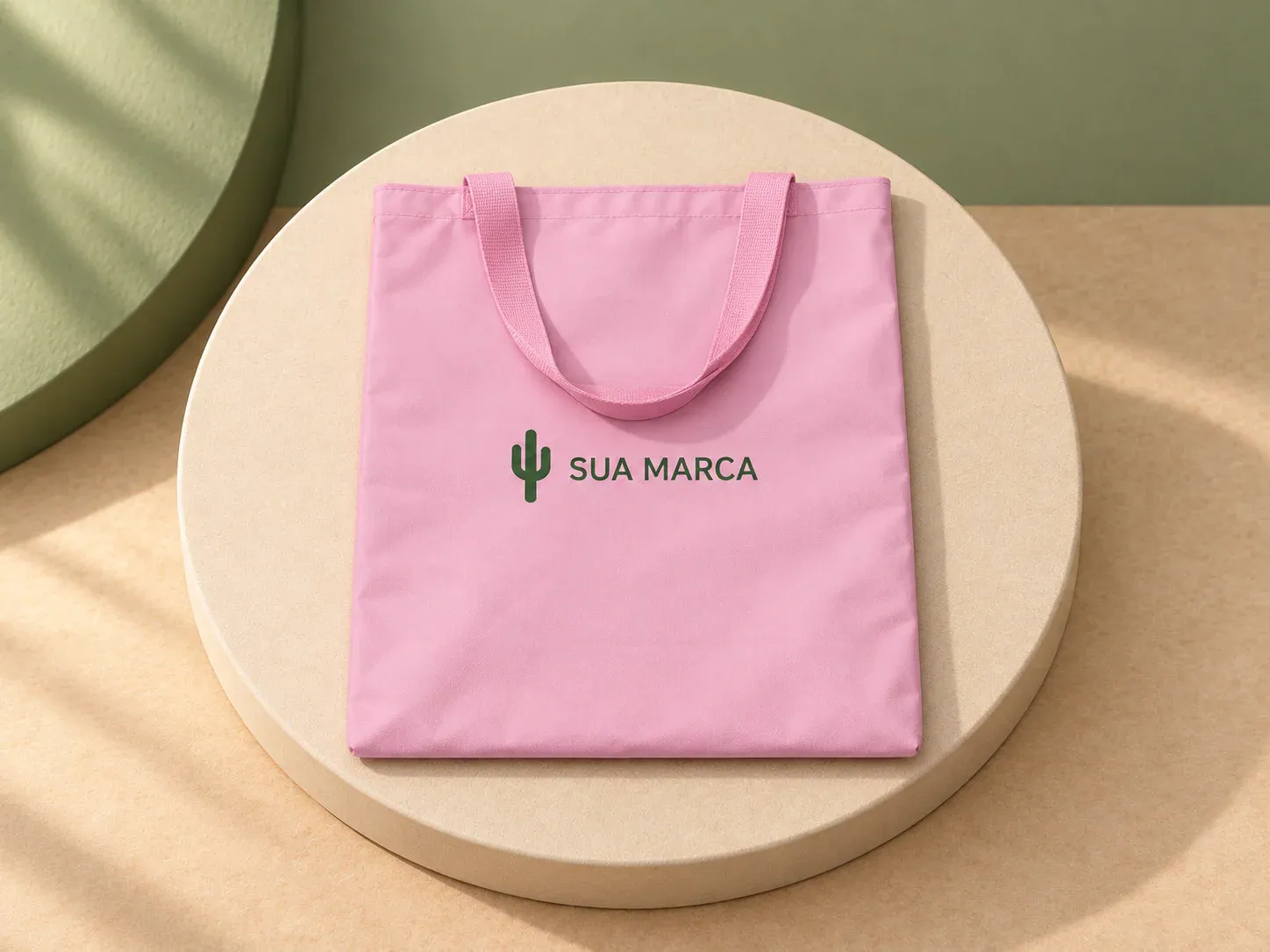 Sacola de nylon, com exemplo de personalização colorida: um cacto e o texto “SUA MARCA” impressos em cor