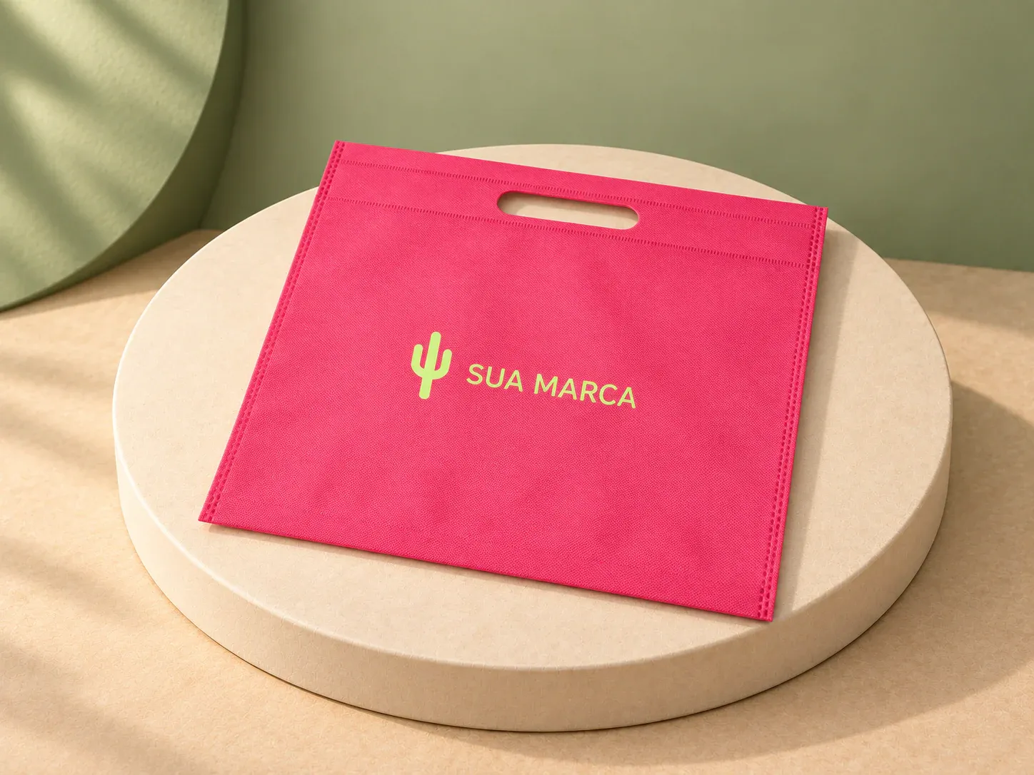 Sacola em non-woven 80 g/m², com exemplo de personalização colorida: um cacto e o texto “SUA MARCA” impressos em cor
