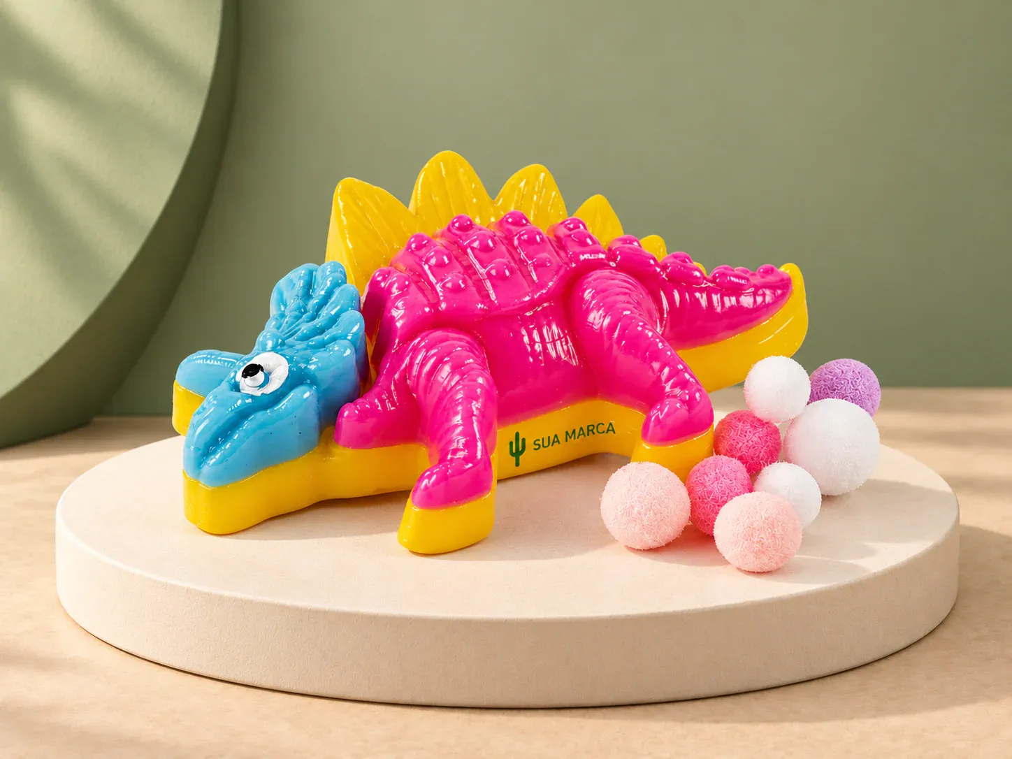 Squishy dinossauro antiestresse, com exemplo de personalização colorida: um cacto e o texto “SUA MARCA” impressos em cor