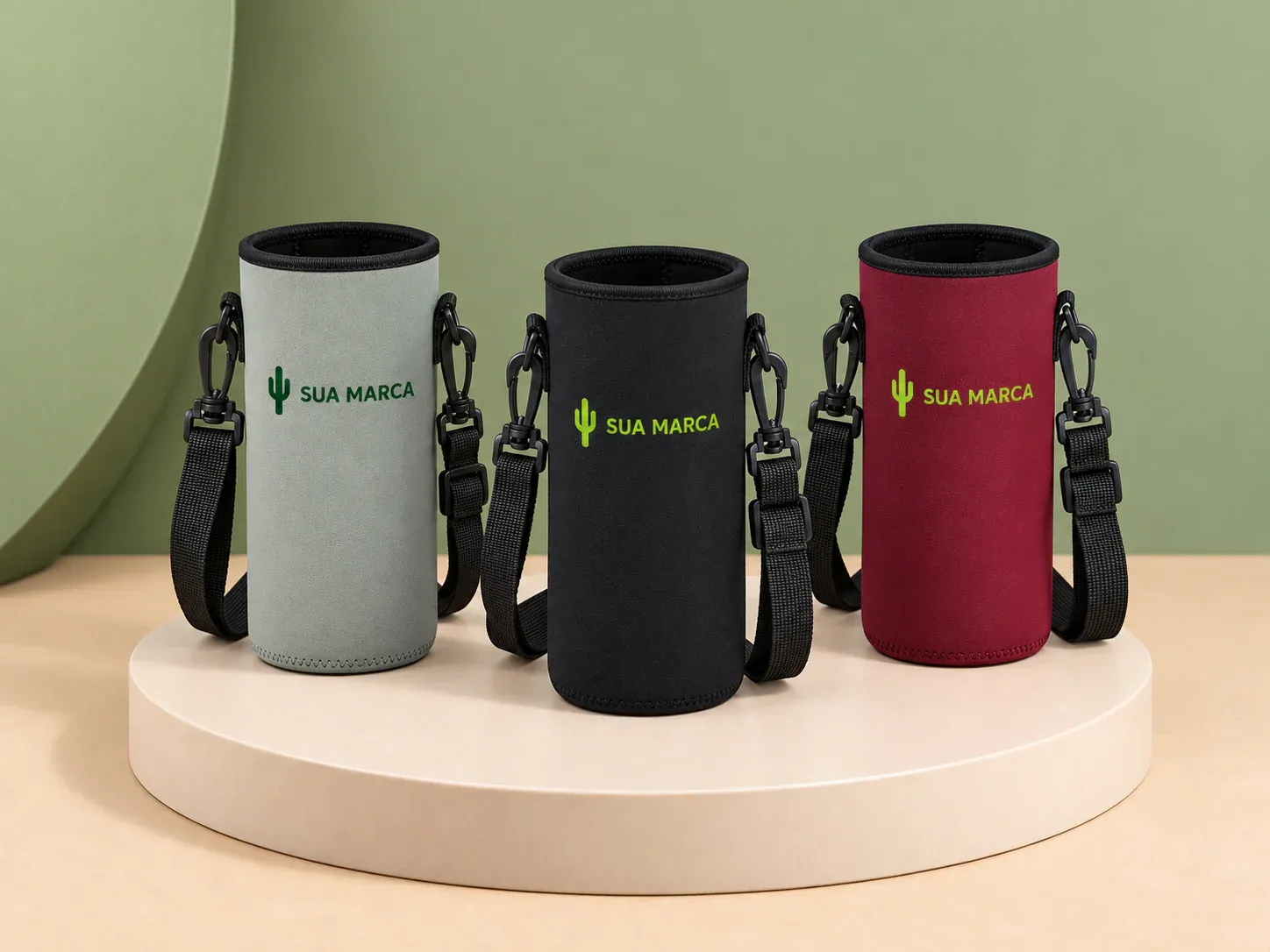 Porta copo ou garrafa esportivo em neoprene isotérmico, com exemplo de personalização colorida: um cacto e o texto “SUA MARCA” impressos em cor
