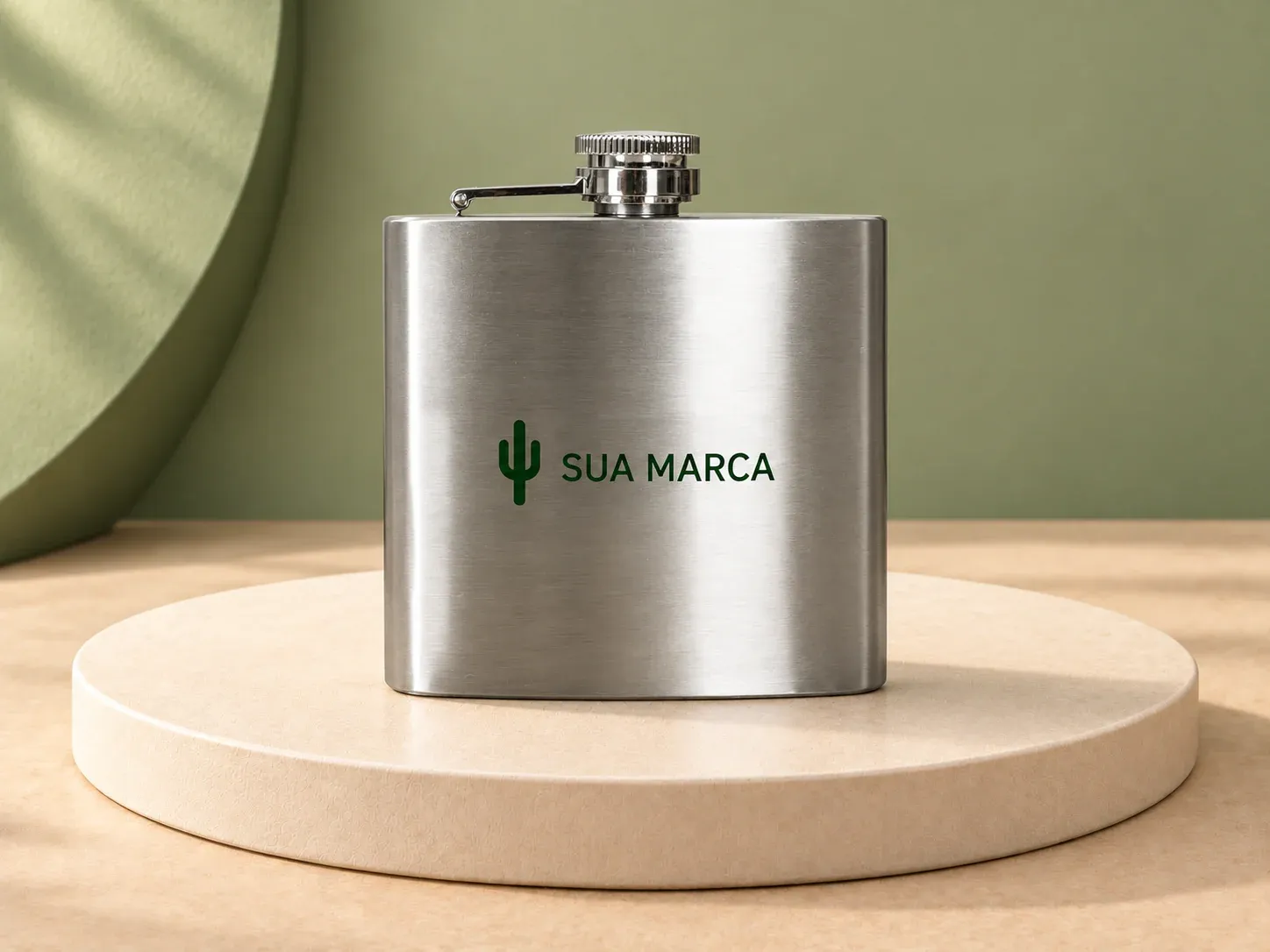 Porta whisky 6oz, com exemplo de personalização colorida: um cacto e o texto “SUA MARCA” impressos em cor