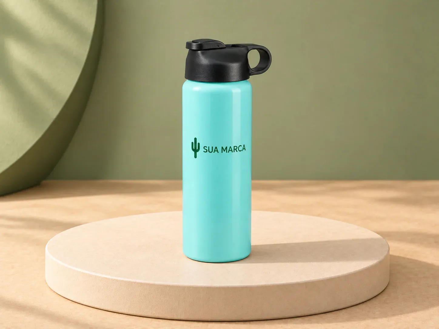 Squeeze de alumínio 800 ml com bico flip, com exemplo de personalização colorida: um cacto e o texto “SUA MARCA” impressos em cor