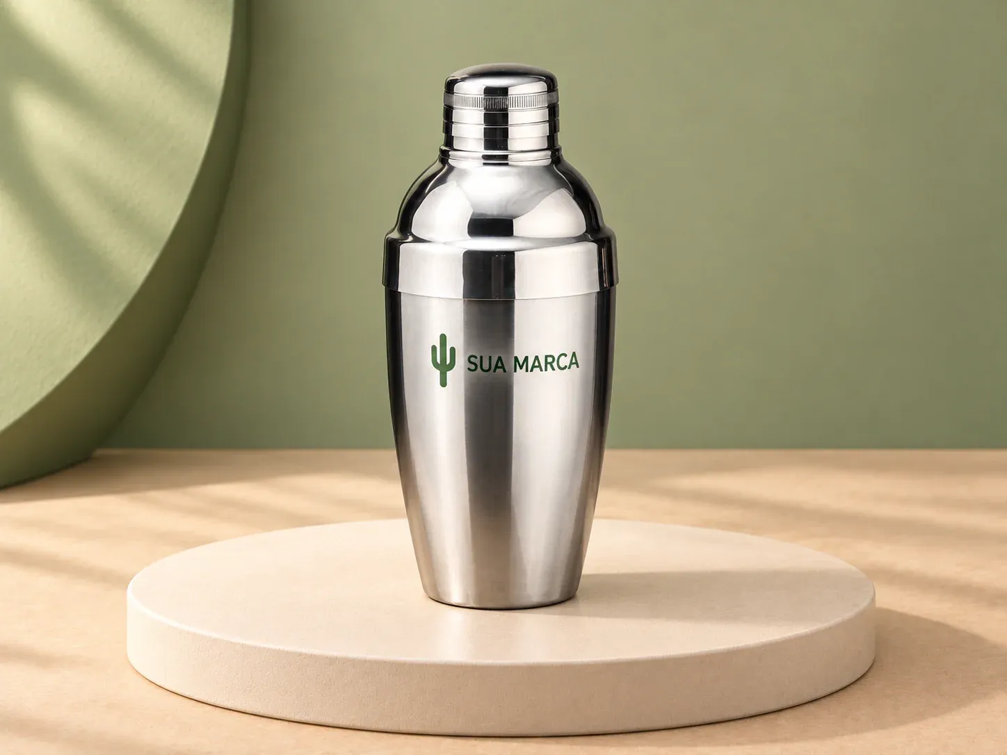 Coqueteleira inox 600 ml, com exemplo de personalização colorida: um cacto e o texto “SUA MARCA” impressos em cor