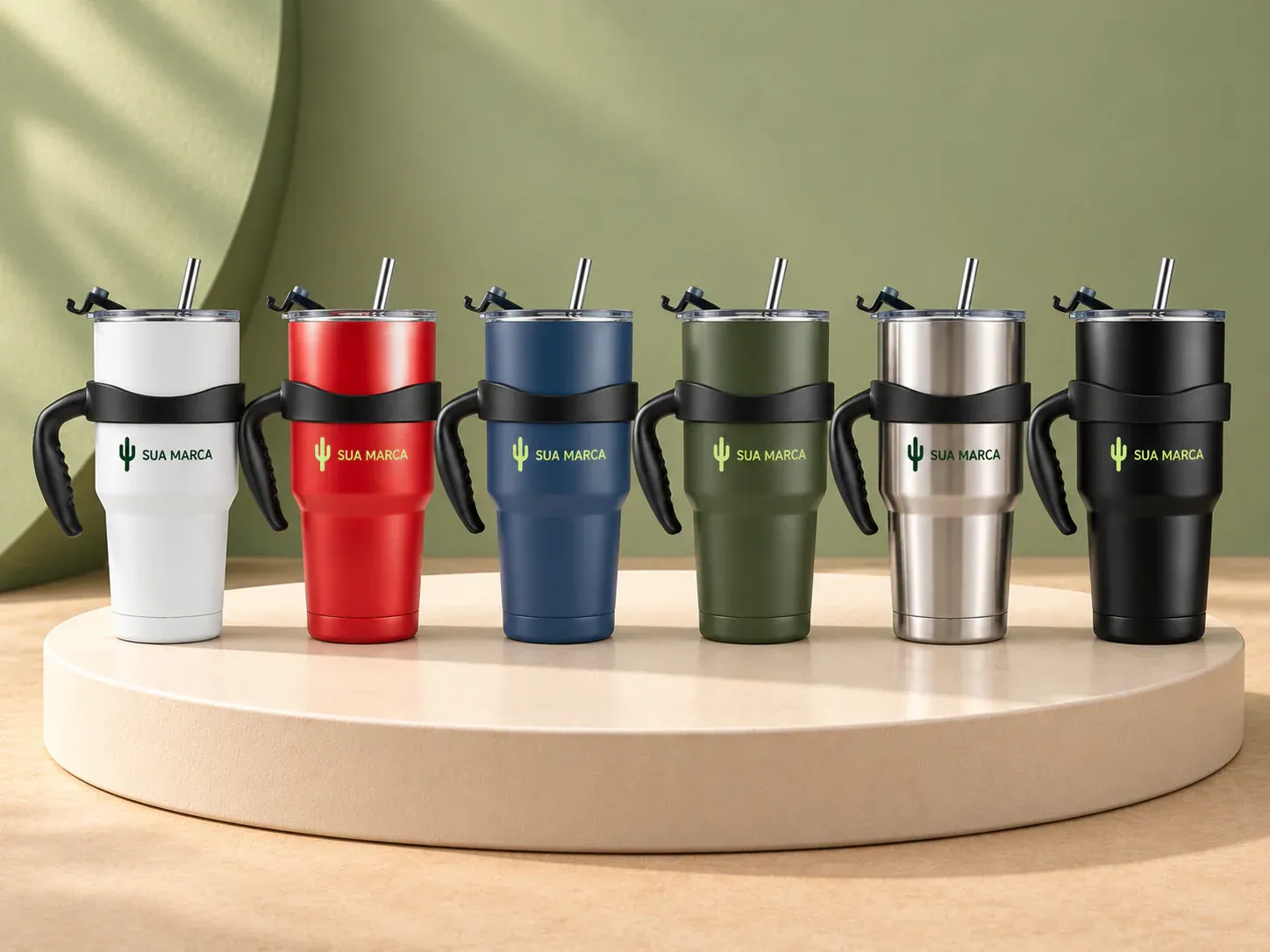 Caneca térmica inox 800 ml, com exemplo de personalização colorida: um cacto e o texto “SUA MARCA” impressos em cor