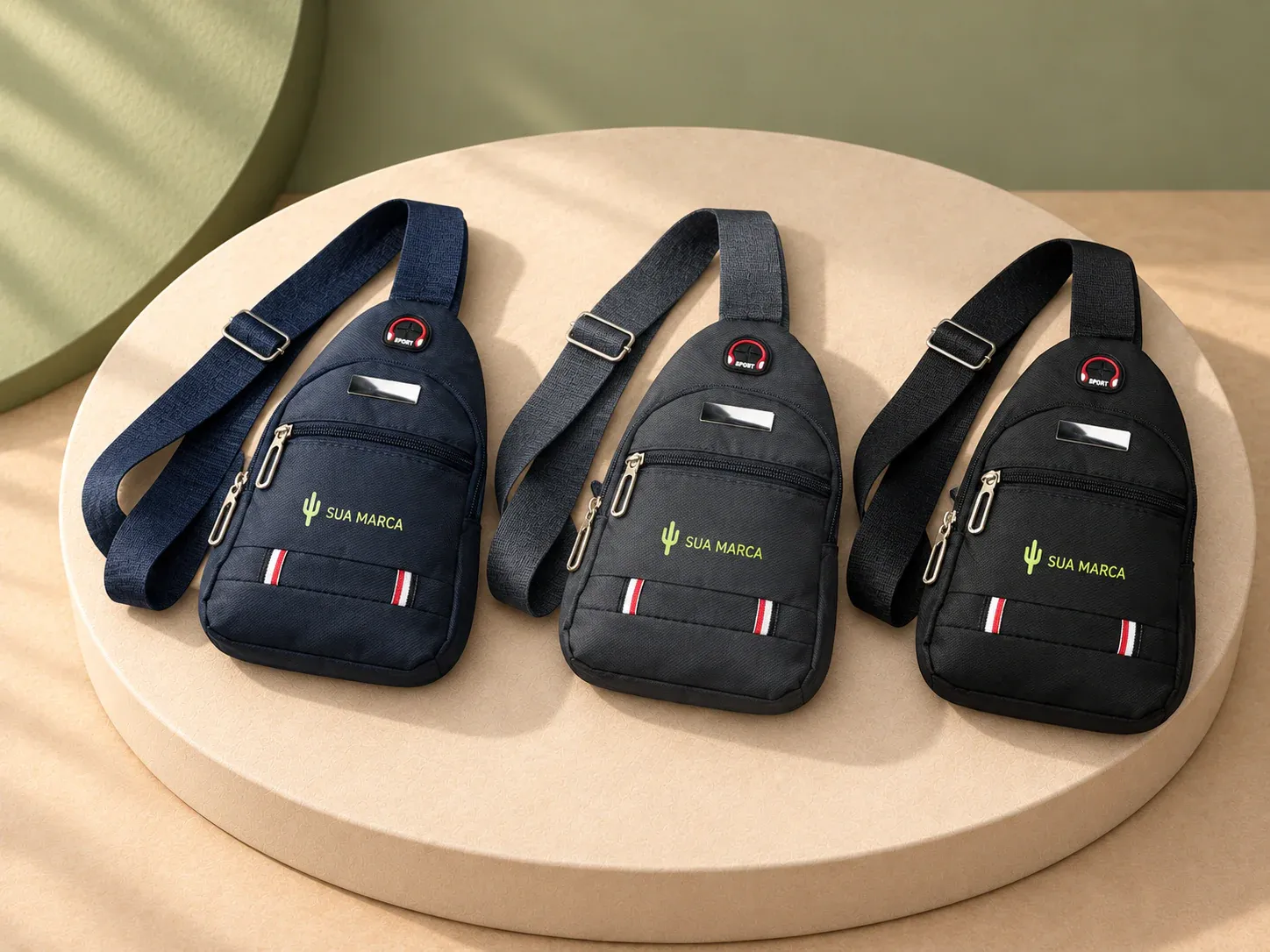 Mini bolsa transversal Oxford 1 L, com exemplo de personalização colorida: um cacto e o texto “SUA MARCA” impressos em cor