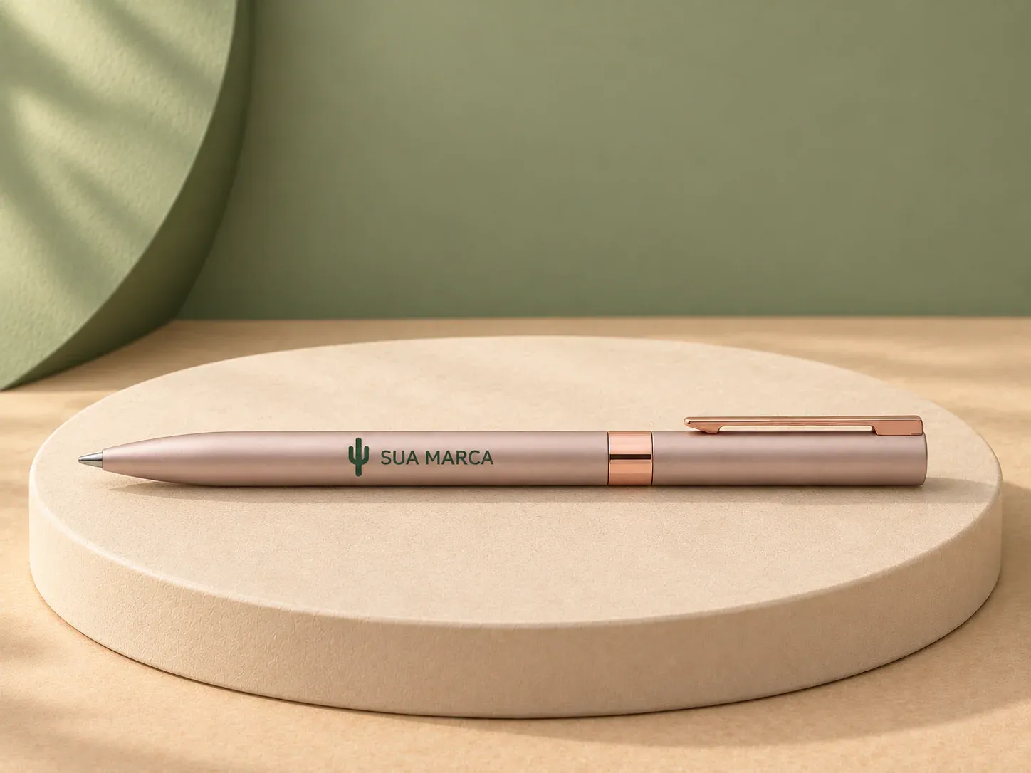 Caneta esferográfica em alumínio 100% reciclado com escrita preta, com exemplo de personalização colorida: um cacto e o texto “SUA MARCA” impressos em cor