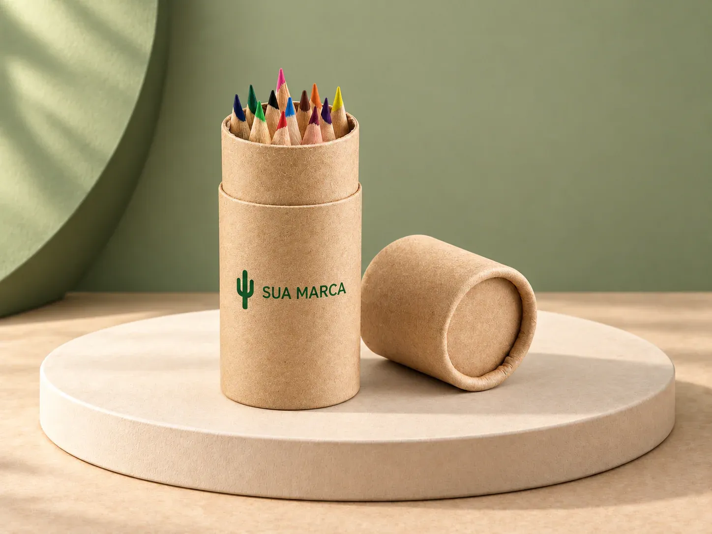 Caixa cilíndrica em papel kraft com 12 lápis de cor, com exemplo de personalização colorida: um cacto e o texto “SUA MARCA” impressos em cor