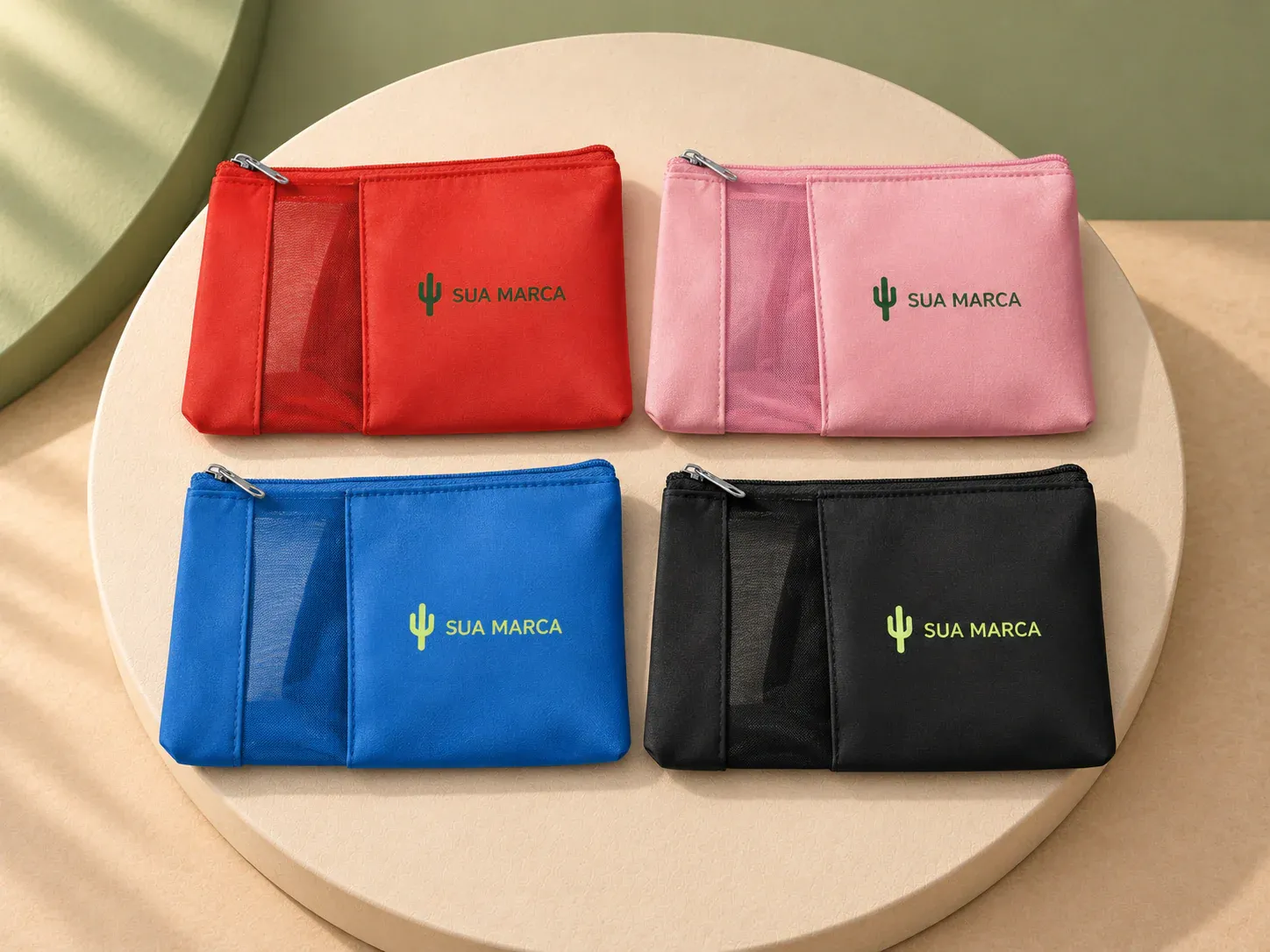 Bolsa de cosméticos em microfibra, com exemplo de personalização colorida: um cacto e o texto “SUA MARCA” impressos em cor