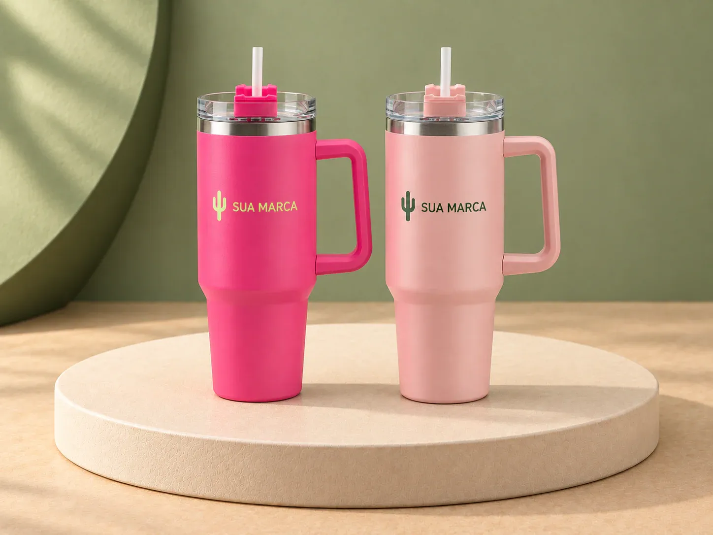 Caneca térmica em inox 304 1,2 L, com exemplo de personalização colorida: um cacto e o texto “SUA MARCA” impressos em cor