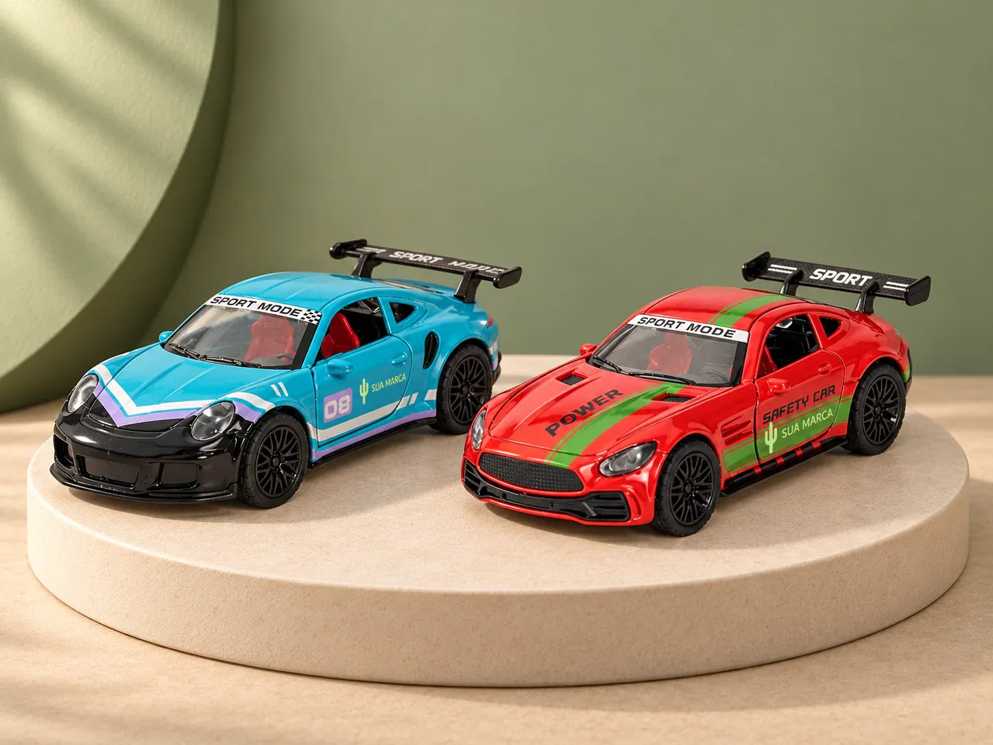 Carrinho de brinquedo em miniatura estilo esportivo com portas funcionais, com exemplo de personalização colorida: um cacto e o texto “SUA MARCA” impressos em cor