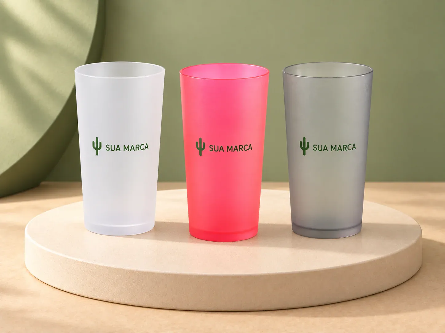 Copo plástico 420 ml, com exemplo de personalização colorida: um cacto e o texto “SUA MARCA” impressos em cor