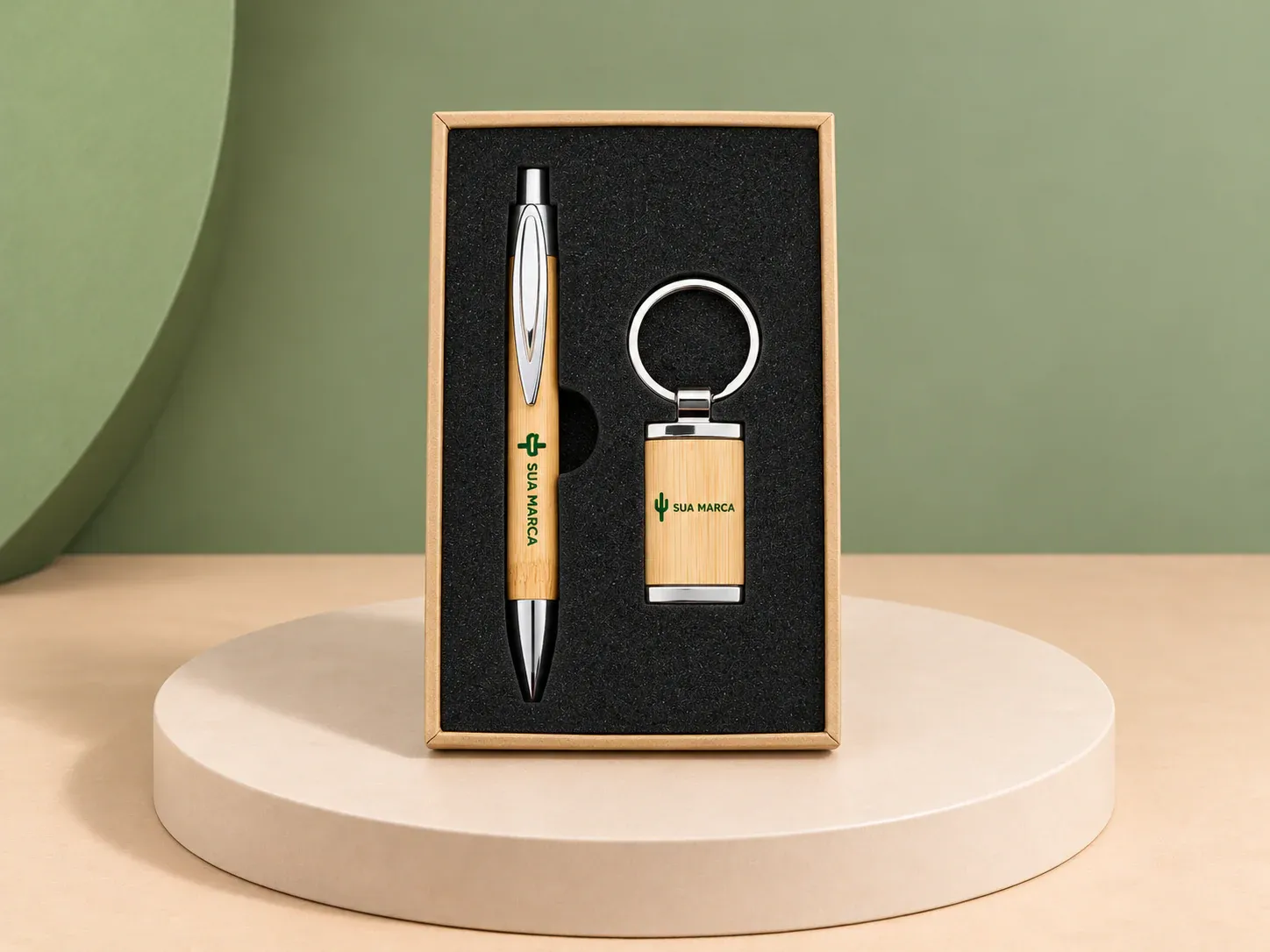 Kit caneta e chaveiro bambu, com exemplo de personalização colorida: um cacto e o texto “SUA MARCA” impressos em cor