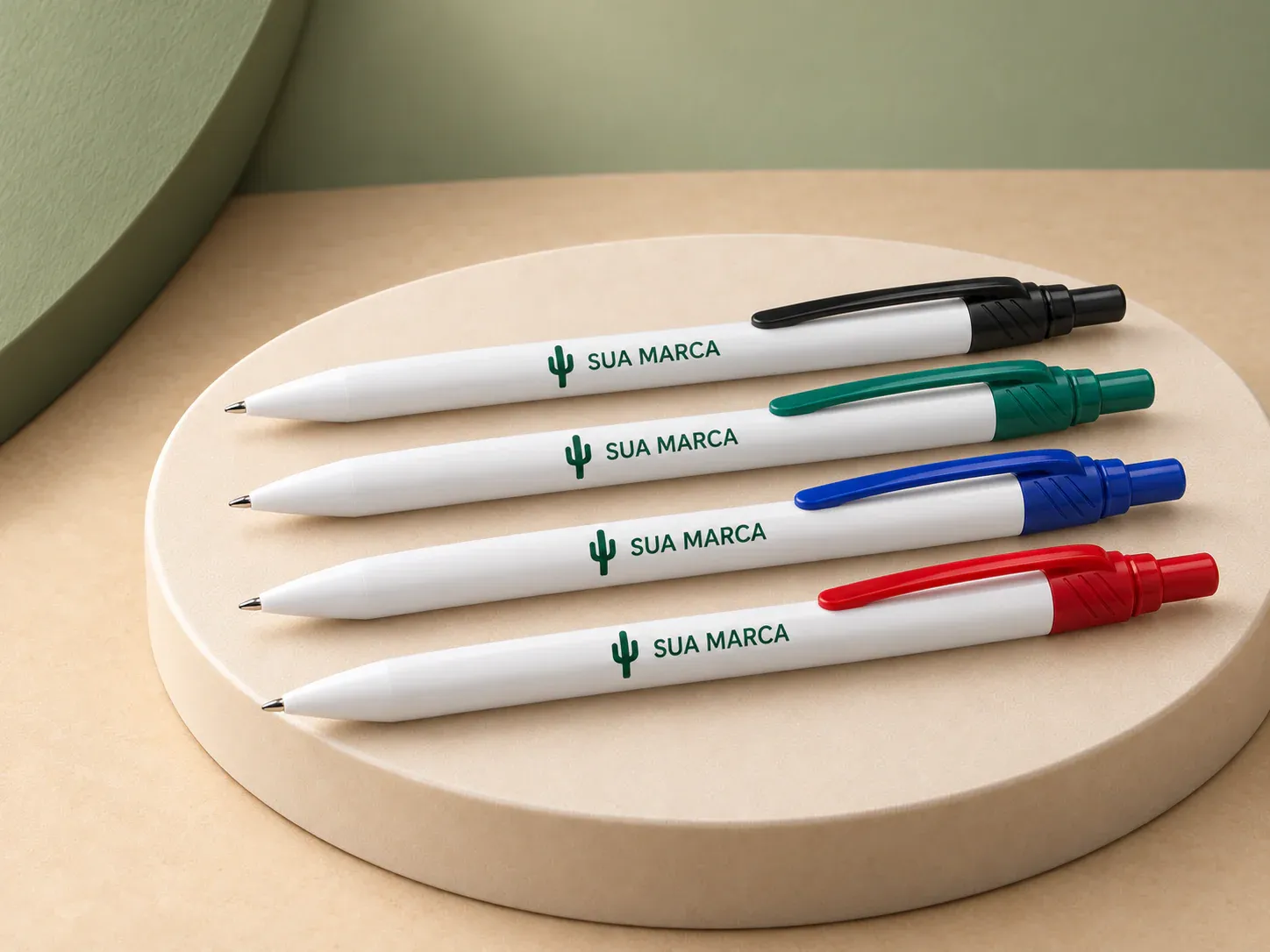 Caneta plástica retrátil, com exemplo de personalização colorida: um cacto e o texto “SUA MARCA” impressos em cor