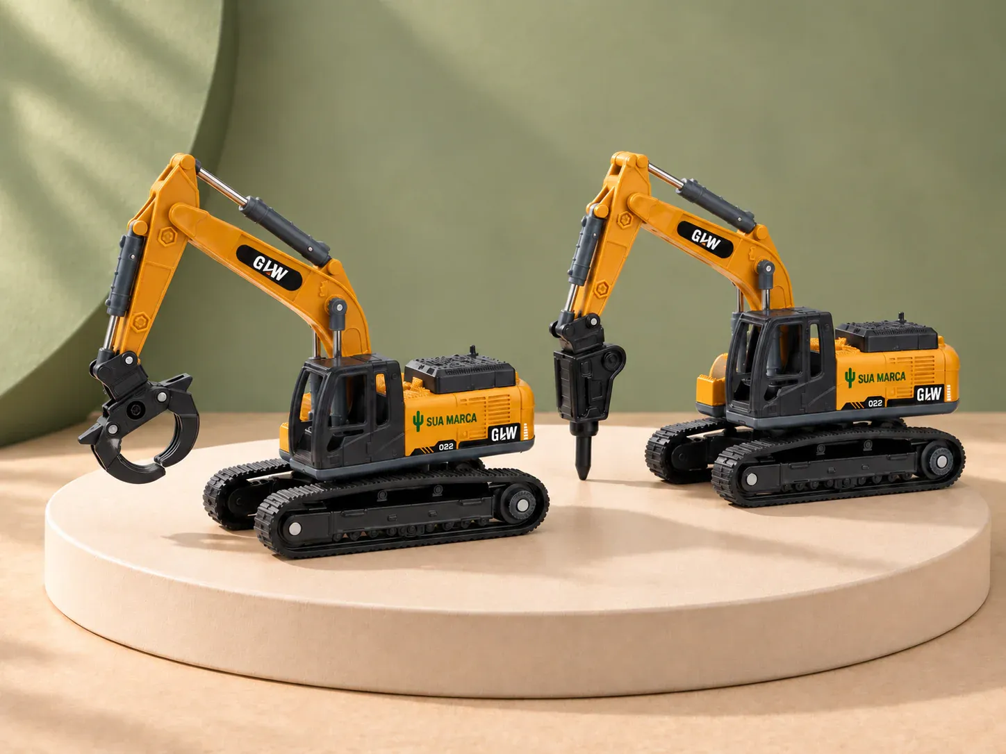 Escavadeira de brinquedo em miniatura, com exemplo de personalização colorida: um cacto e o texto “SUA MARCA” impressos em cor