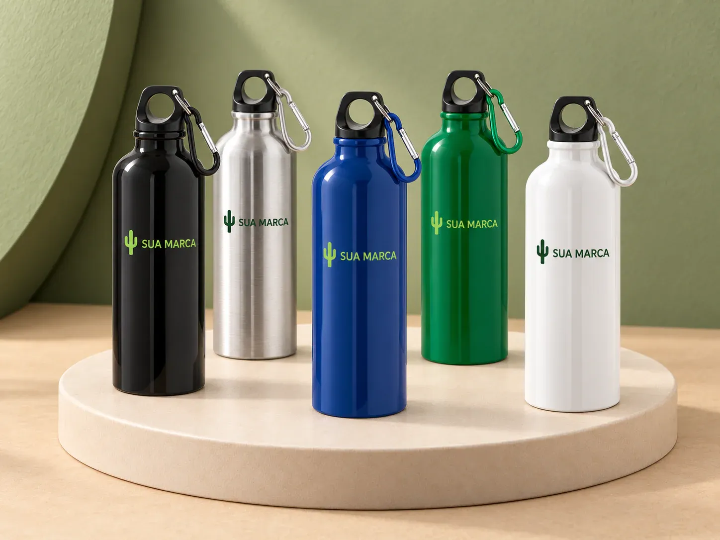 Squeeze esportiva em aço inox 820 ml com mosquetão, com exemplo de personalização colorida: um cacto e o texto “SUA MARCA” impressos em cor