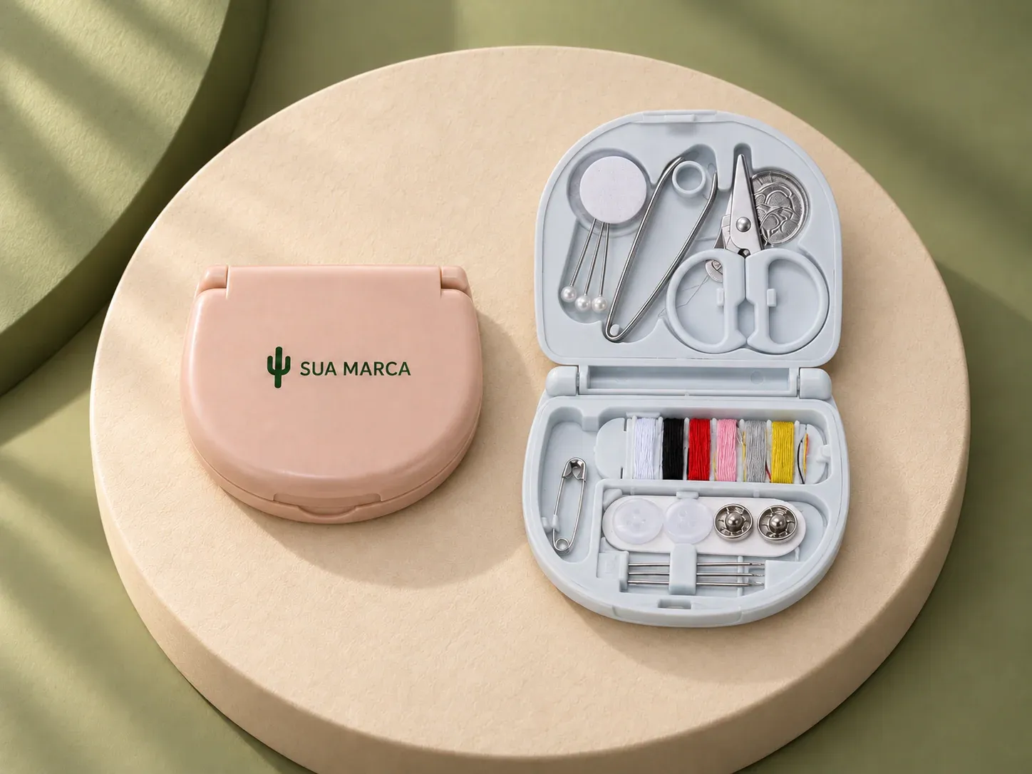 Kit costura plástico, com exemplo de personalização colorida: um cacto e o texto “SUA MARCA” impressos em cor