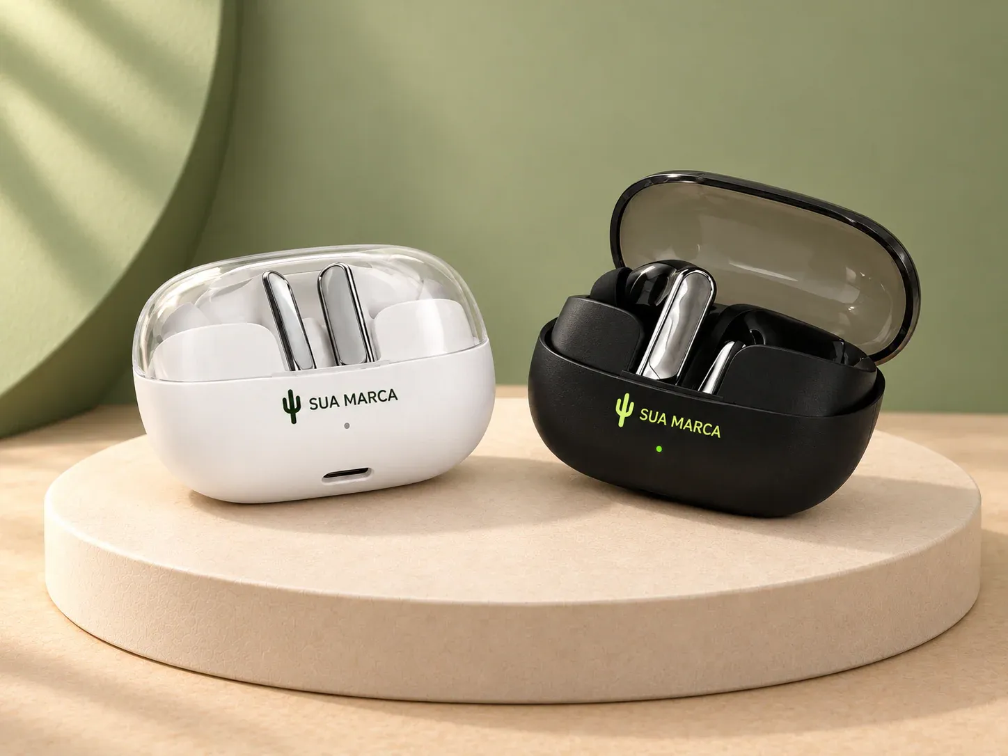 Fone de ouvido Bluetooth com case carregador, com exemplo de personalização colorida: um cacto e o texto “SUA MARCA” impressos em cor