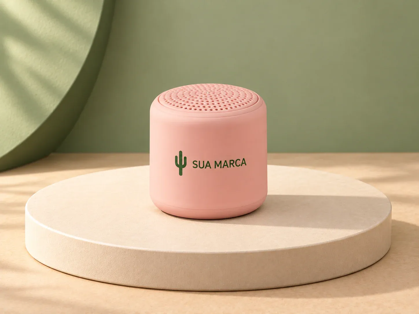 Caixa de som Bluetooth TWS em plástico, com exemplo de personalização colorida: um cacto e o texto “SUA MARCA” impressos em cor