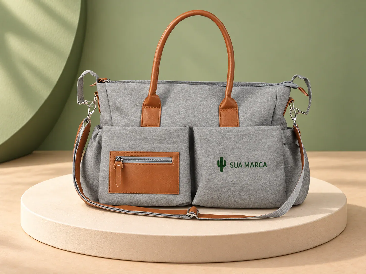 Bolsa multifuncional poliéster 17 litros, com exemplo de personalização colorida: um cacto e o texto “SUA MARCA” impressos em cor