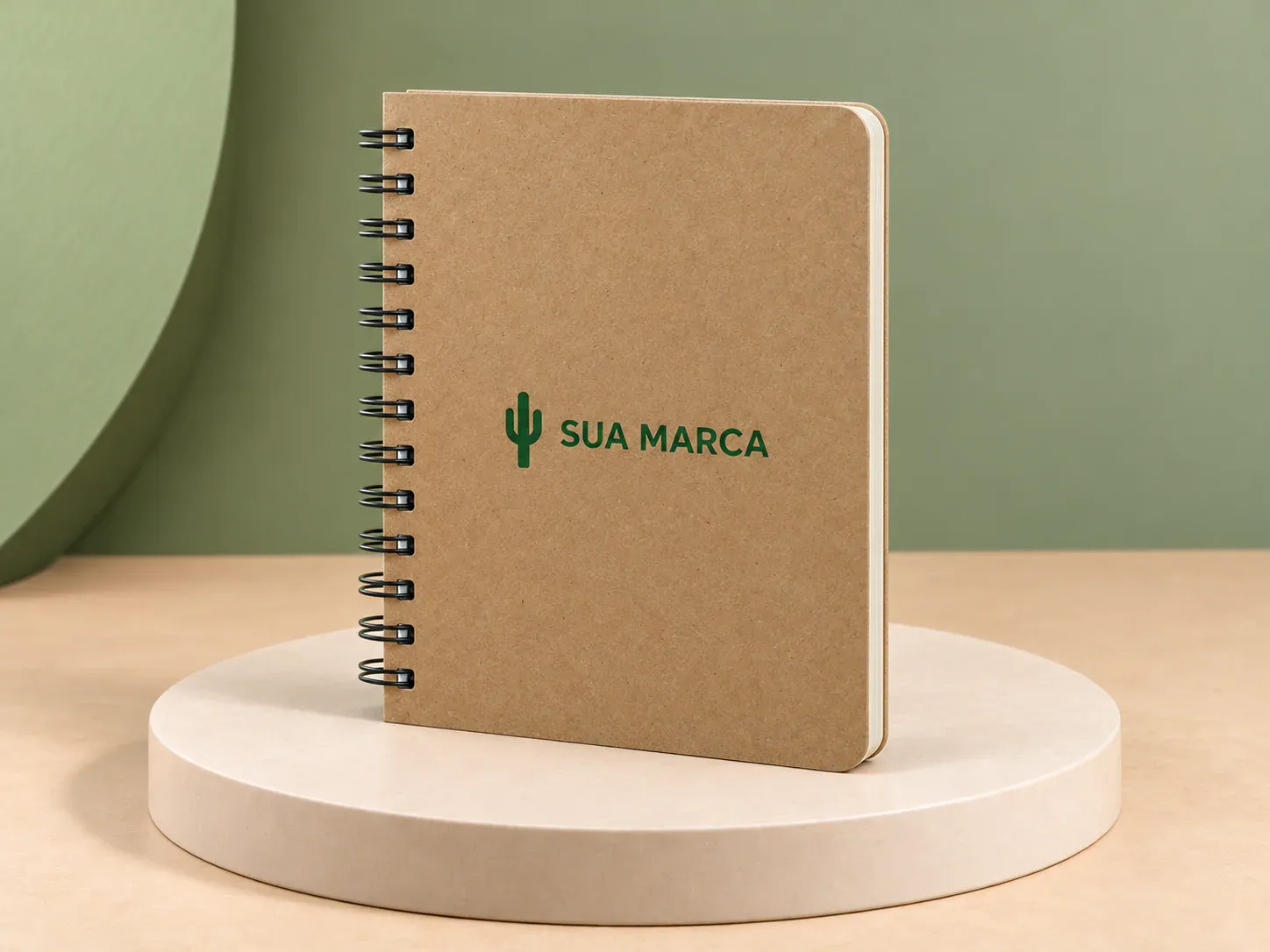 Caderno kraft, com exemplo de personalização colorida: um cacto e o texto “SUA MARCA” impressos em cor