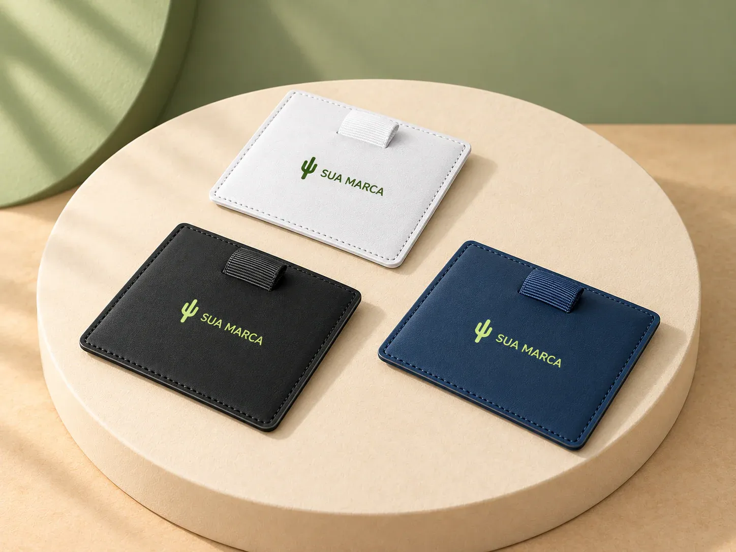 Porta cartões em PU com bloqueio RFID, com exemplo de personalização colorida: um cacto e o texto “SUA MARCA” impressos em cor