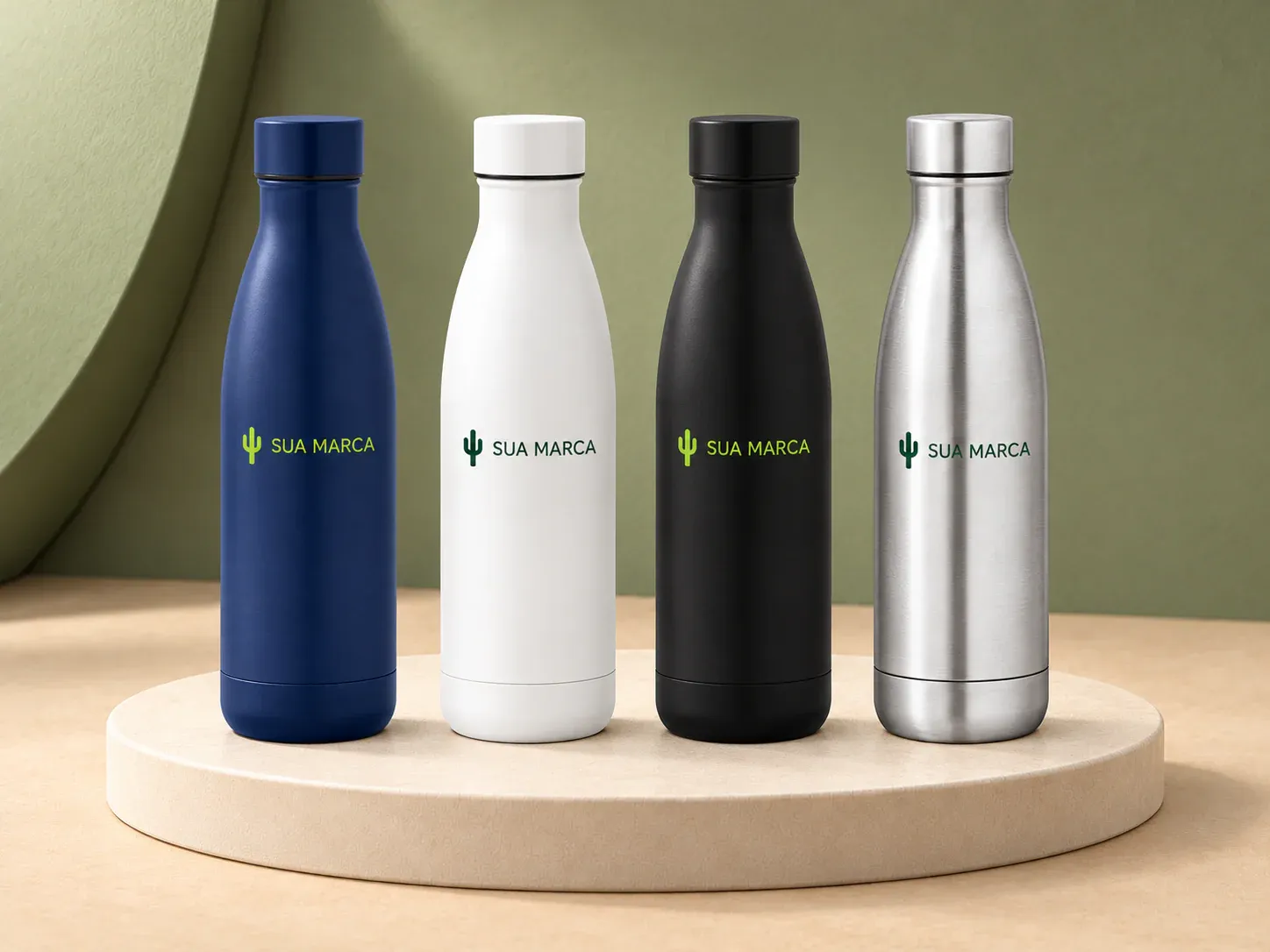 Garrafa térmica em aço inox reciclado 810 ml, com exemplo de personalização colorida: um cacto e o texto “SUA MARCA” impressos em cor