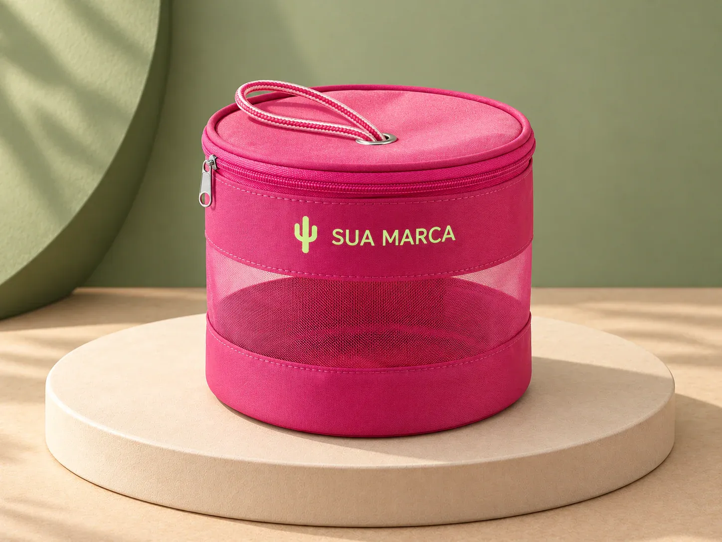 Bolsa de cosméticos em microfibra com tela mesh, com exemplo de personalização colorida: um cacto e o texto “SUA MARCA” impressos em cor