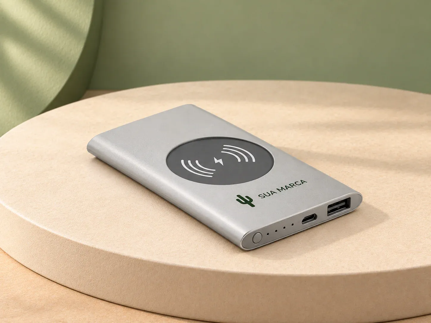 Bateria portátil e carregador wireless, com exemplo de personalização colorida: um cacto e o texto “SUA MARCA” impressos em cor