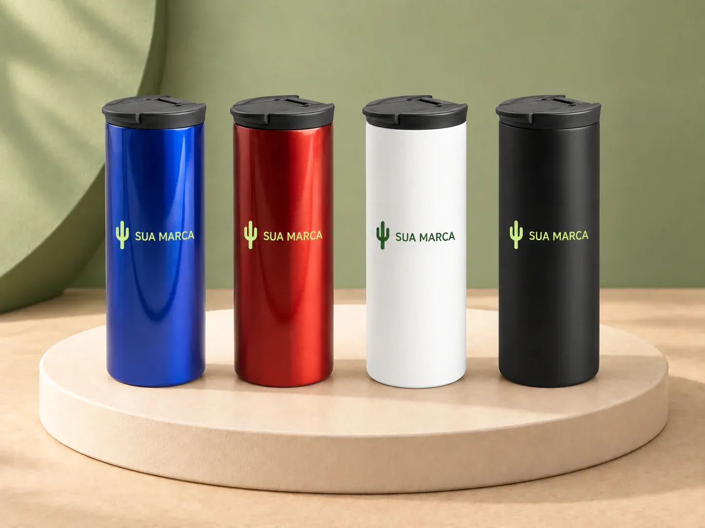 Copo térmico 500 ml, com exemplo de personalização colorida: um cacto e o texto “SUA MARCA” impressos em cor
