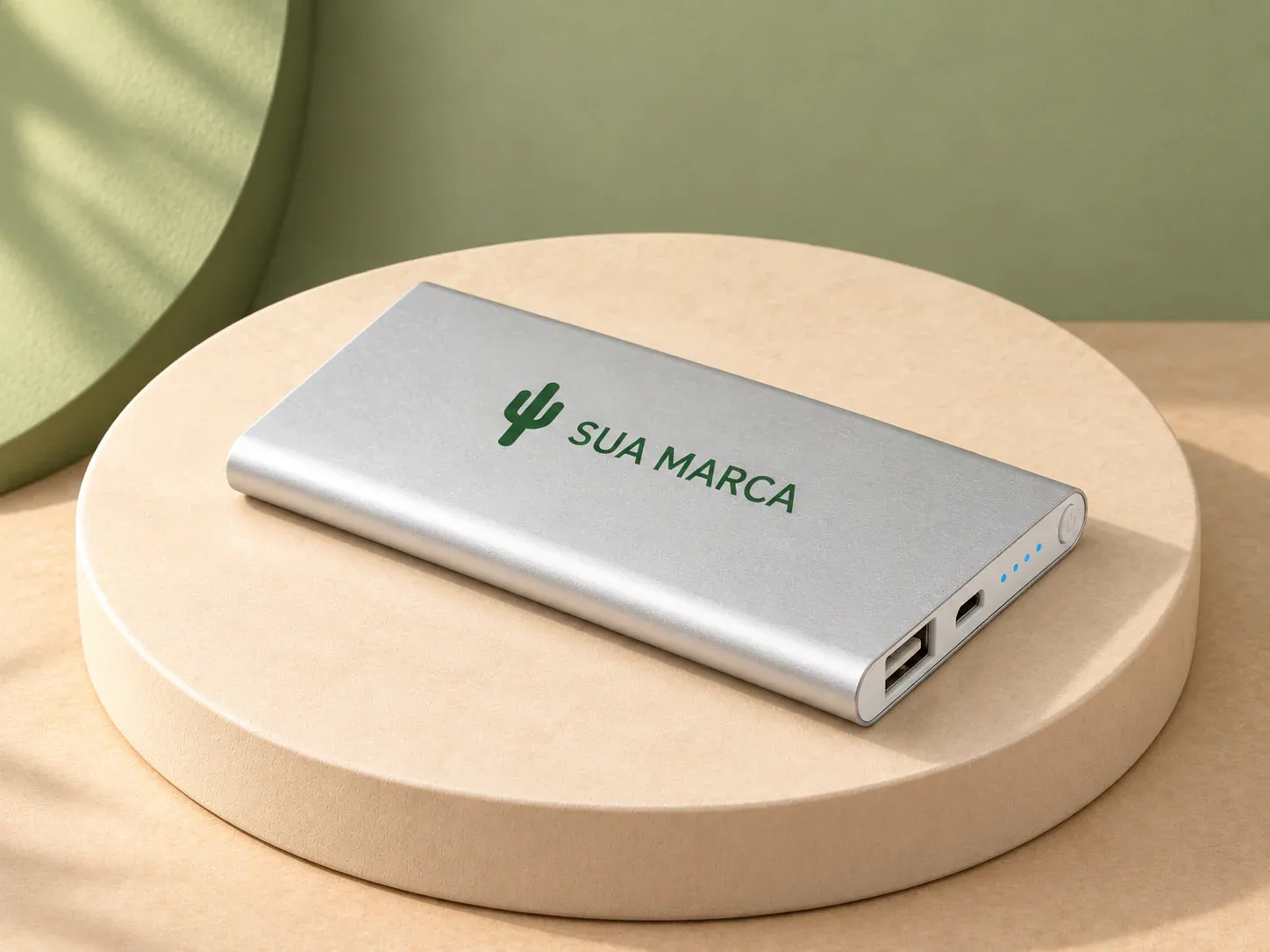 Bateria portátil, com exemplo de personalização colorida: um cacto e o texto “SUA MARCA” impressos em cor