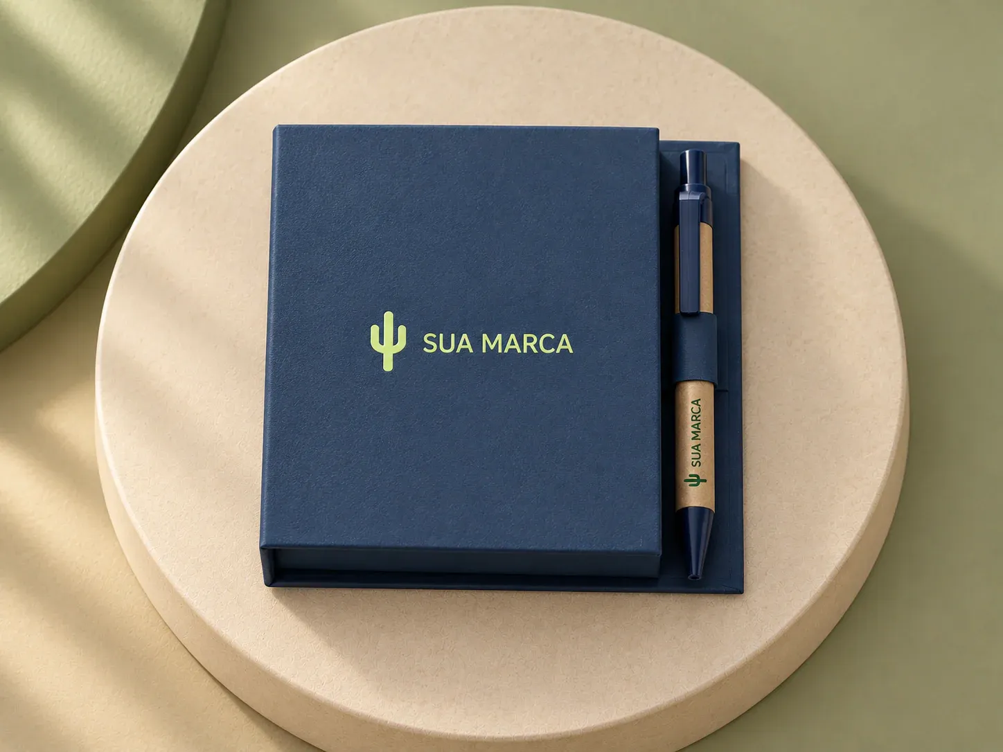 Bloco de anotações com caneta e autoadesivo, com exemplo de personalização colorida: um cacto e o texto “SUA MARCA” impressos em cor
