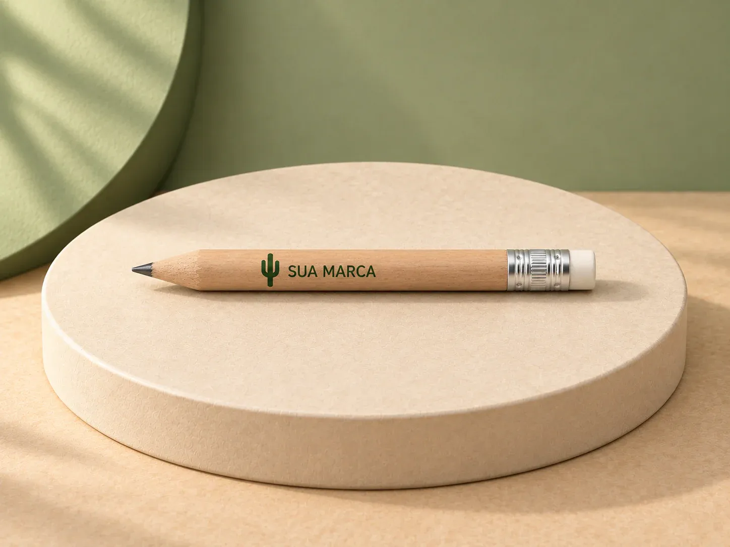 Mini lápis com borracha, com exemplo de personalização colorida: um cacto e o texto “SUA MARCA” impressos em cor