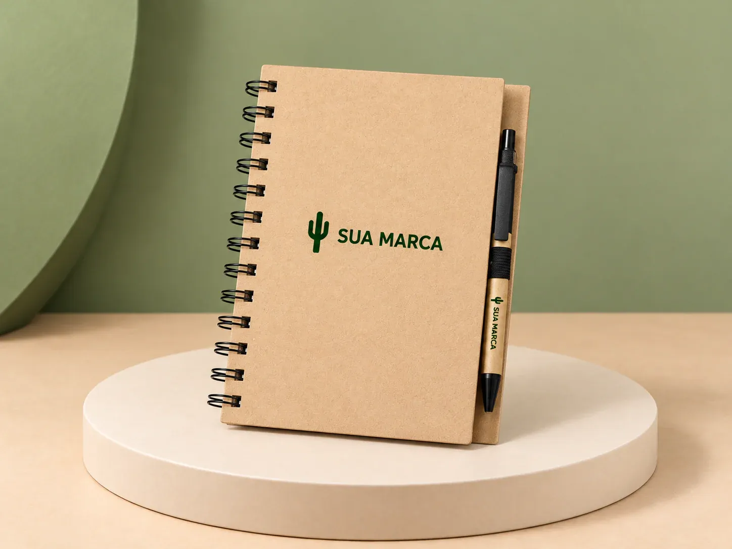 Caderno ecológico com autoadesivos e caneta, com exemplo de personalização colorida: um cacto e o texto “SUA MARCA” impressos em cor