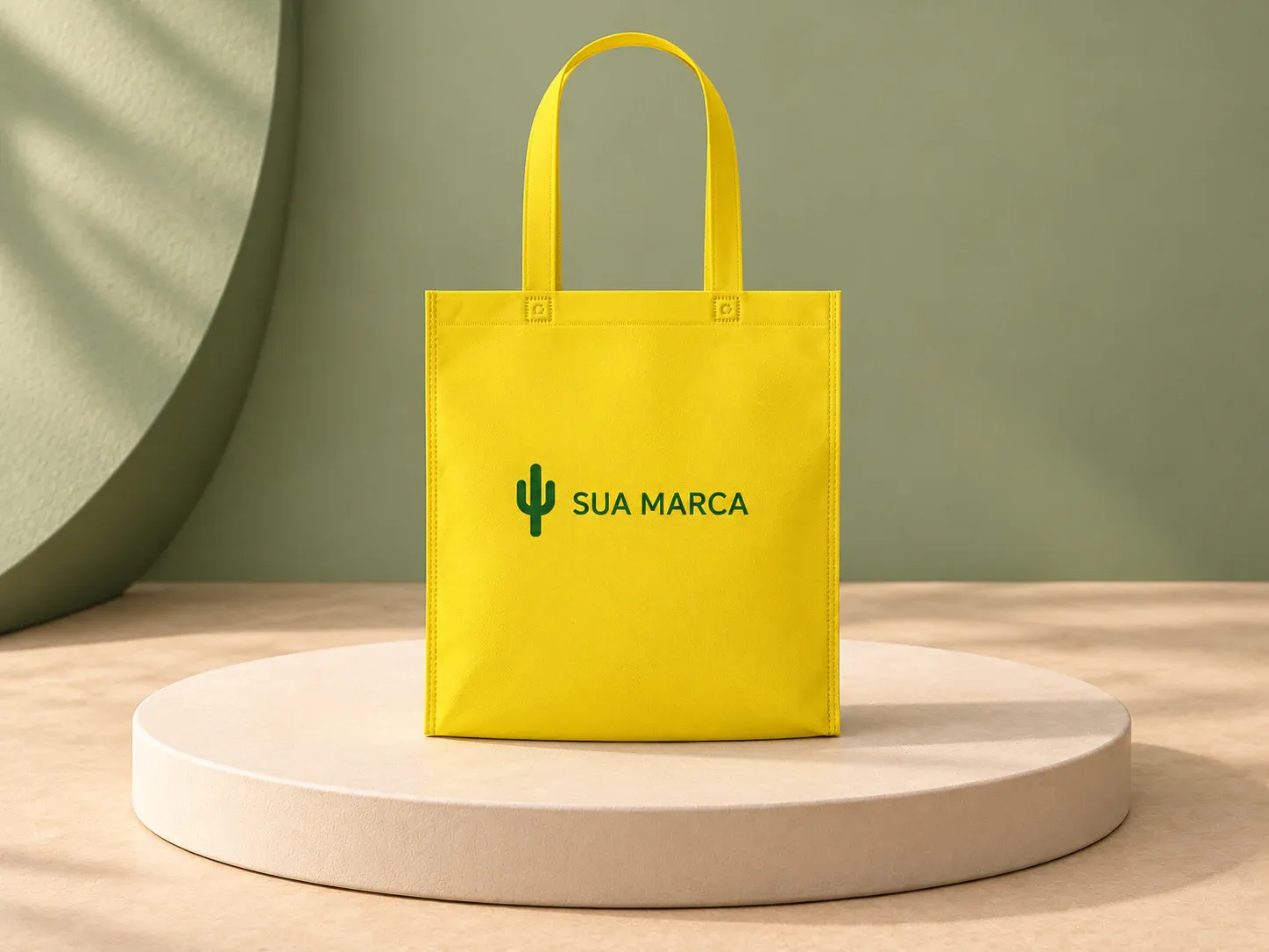 Sacola amarela em non-woven 80 g/m² com alças 60 cm, com exemplo de personalização colorida: um cacto e o texto “SUA MARCA” impressos em cor