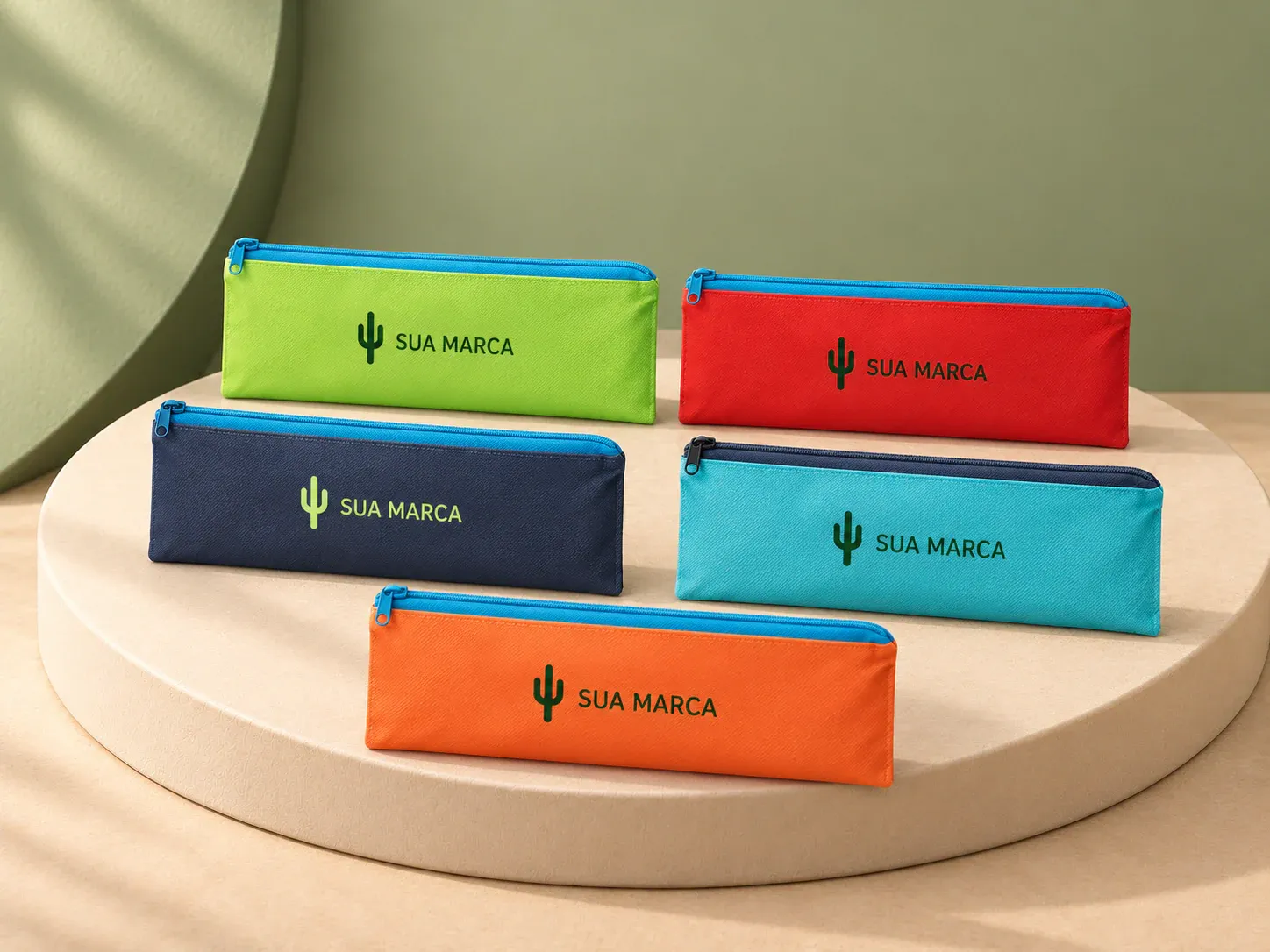 Estojo para lápis em non-woven, com exemplo de personalização colorida: um cacto e o texto “SUA MARCA” impressos em cor