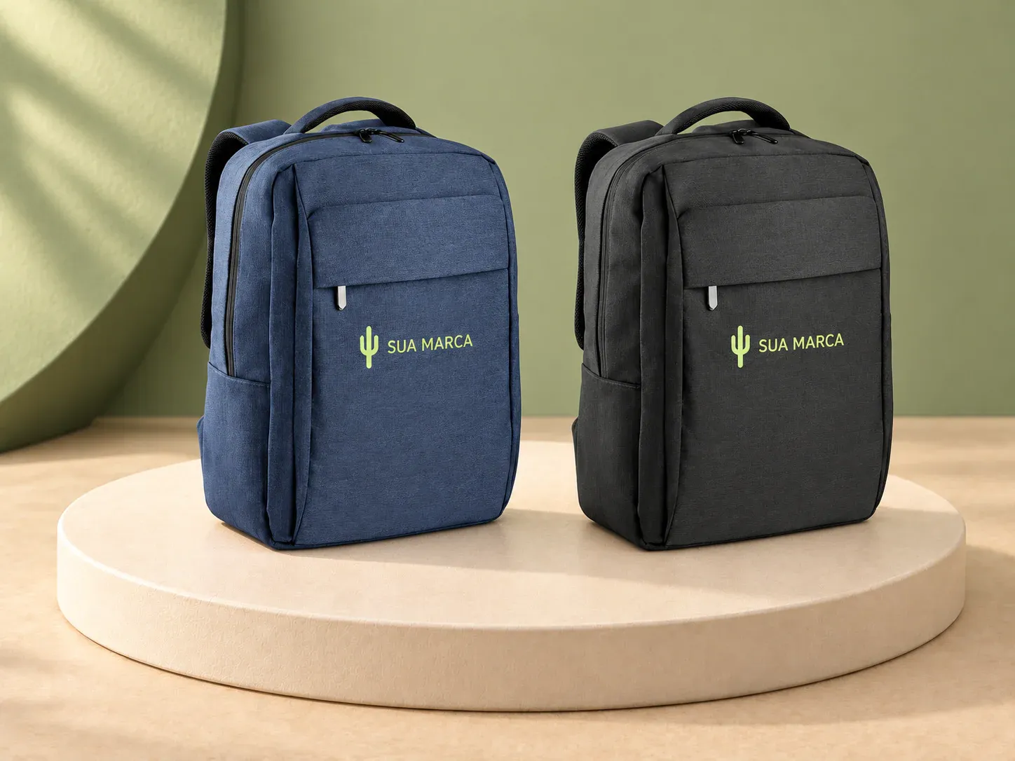 Mochila para notebook 15.6" em poliéster reciclado 300D de alta densidade 18 L, com exemplo de personalização colorida: um cacto e o texto “SUA MARCA” impressos em cor