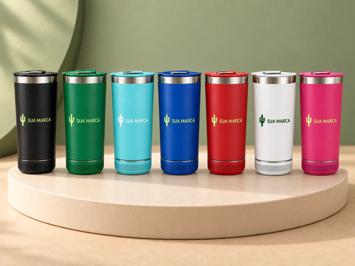 Copo térmico 400 ml com caixa de som, com exemplo de personalização colorida: um cacto e o texto “SUA MARCA” impressos em cor