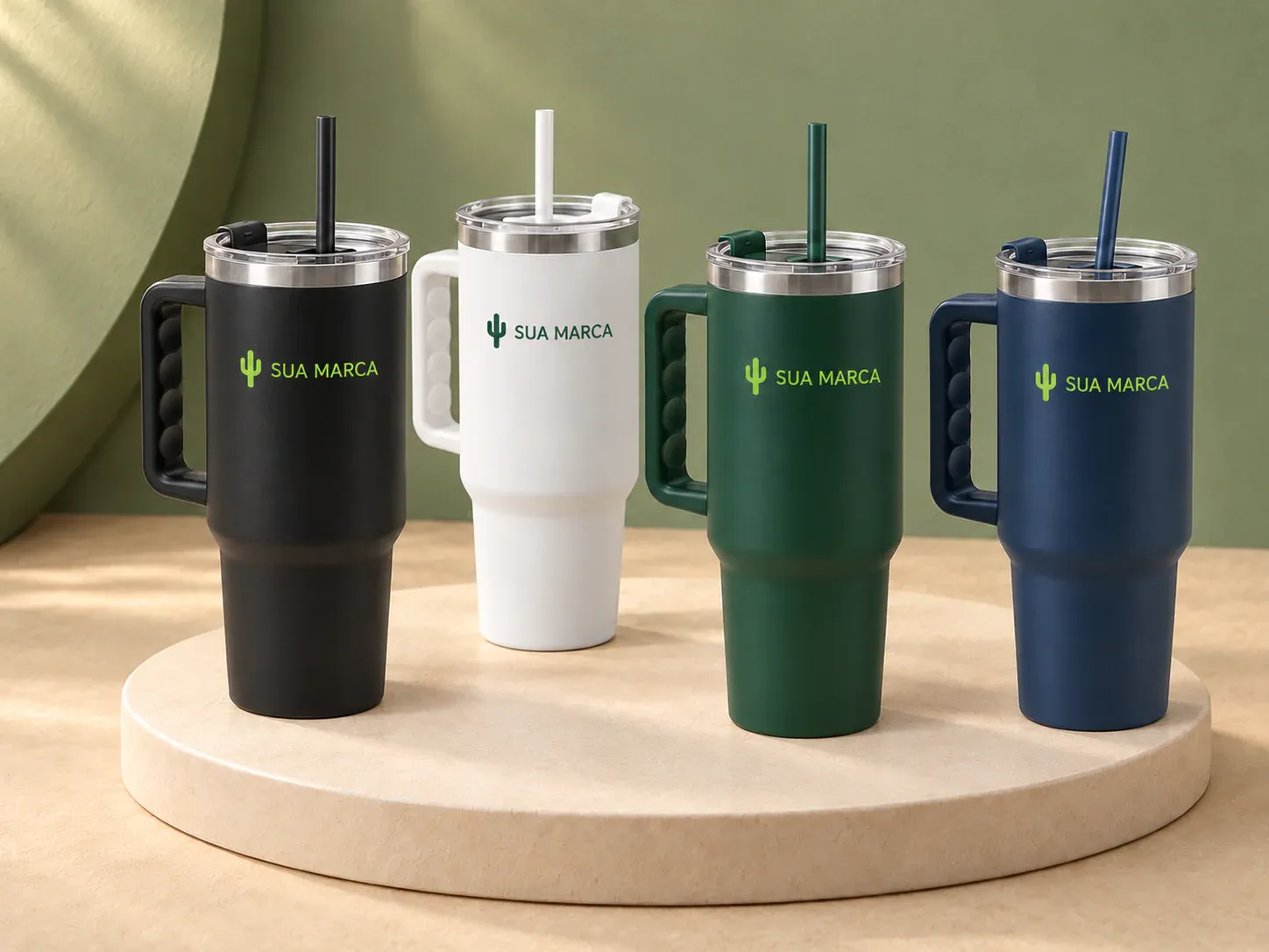 Copo de viagem em aço inox reciclado 1300 ml com alça, com exemplo de personalização colorida: um cacto e o texto “SUA MARCA” impressos em cor